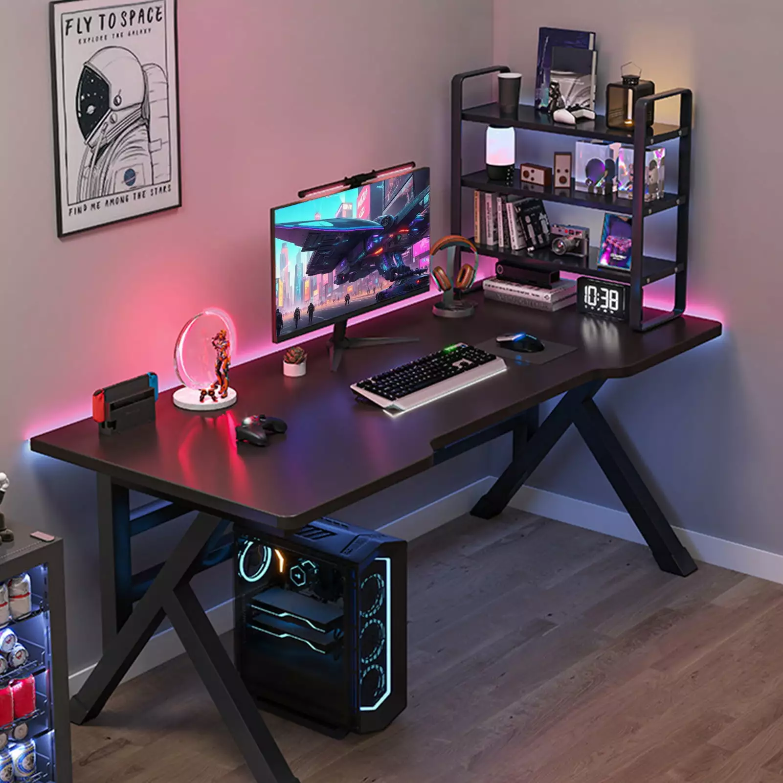 AQMD K-Shaped Ergonomic Gaming Desk - Extra Large PC Computer Desk Gamers Cable Holes Black