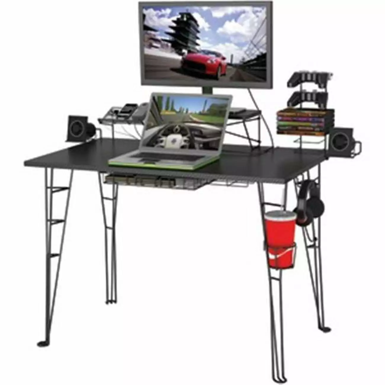 Atlantic Original Gaming Desk Monitor Stand Charging Station and Storage 29.5 H Black