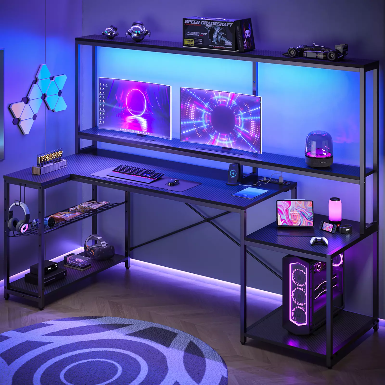 Bestier 71.5 inch L Shaped LED Gaming Desk Hutch and Power Outlets - Carbon Fiber Black