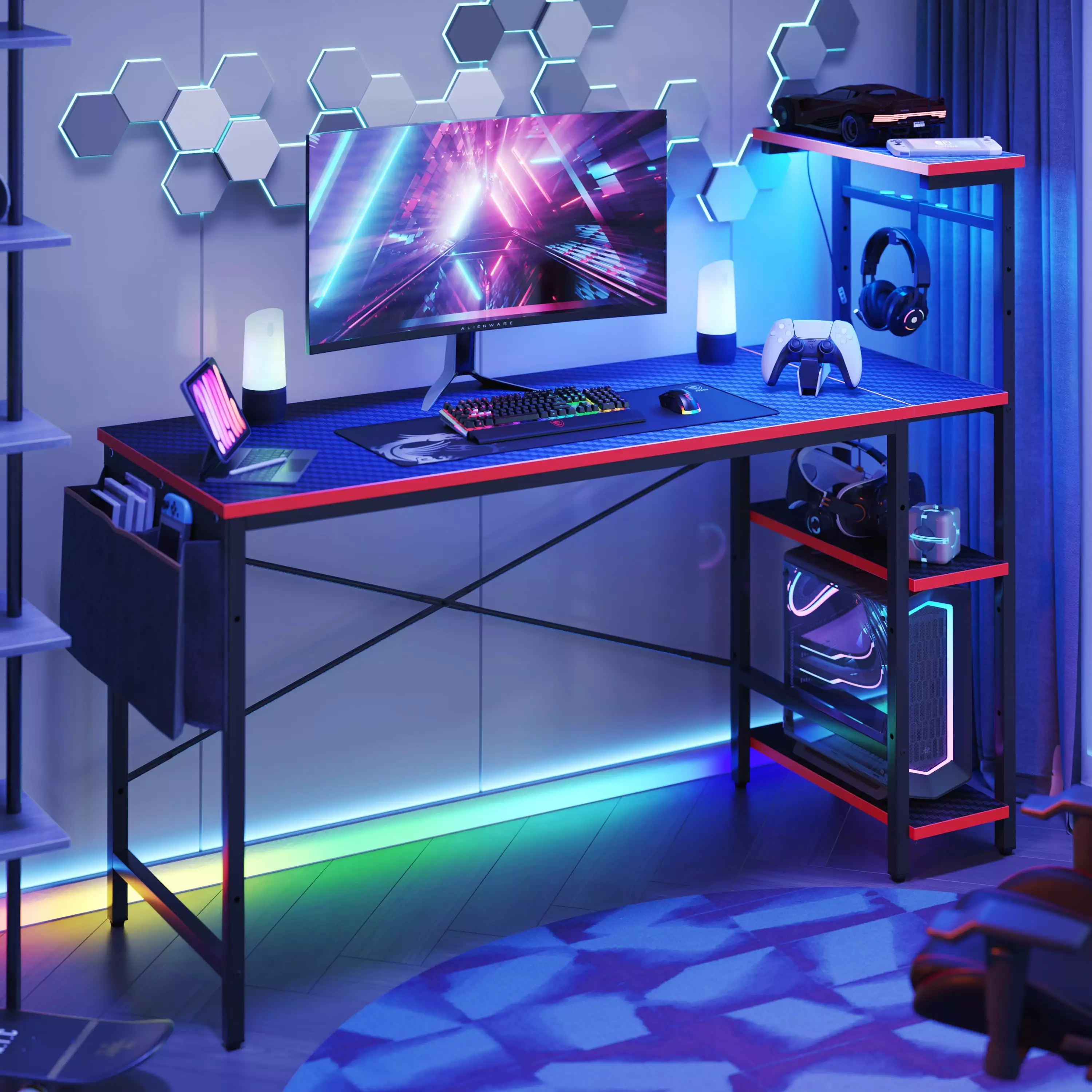 Bestier 52 inch Gaming Computer Desk LED Lights & Shelves - Carbon Fiber Reversible Desk