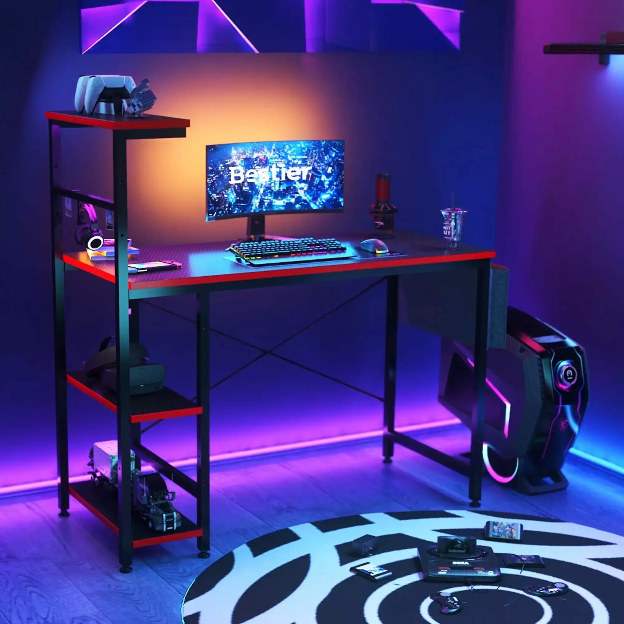 Bestier 44 Inch Gaming PC Desk LED Lights and Reversible 4 Tier Storage Shelves