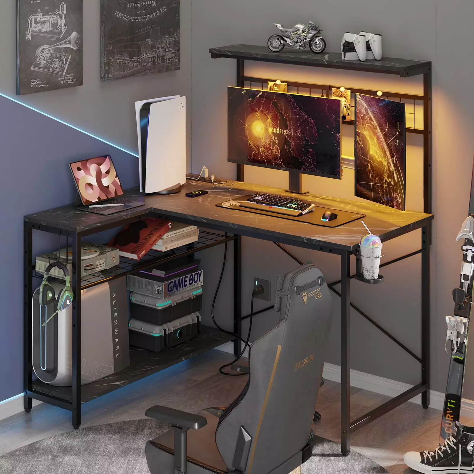 Bestier L Shaped Gaming Desk 42 Inch LED Computer Desk Power Outlets 4-Tier Shelves Pegboard Cup Holder Black Marble