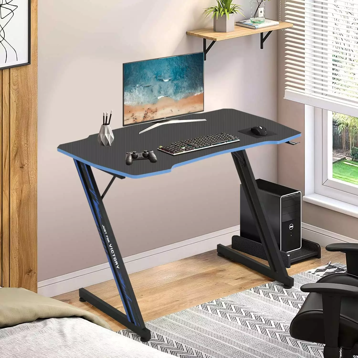 47 Inch Z Shaped Gaming Desk Large PC Computer Desk Headphone Hook Blue Ergonomic Table Bilot