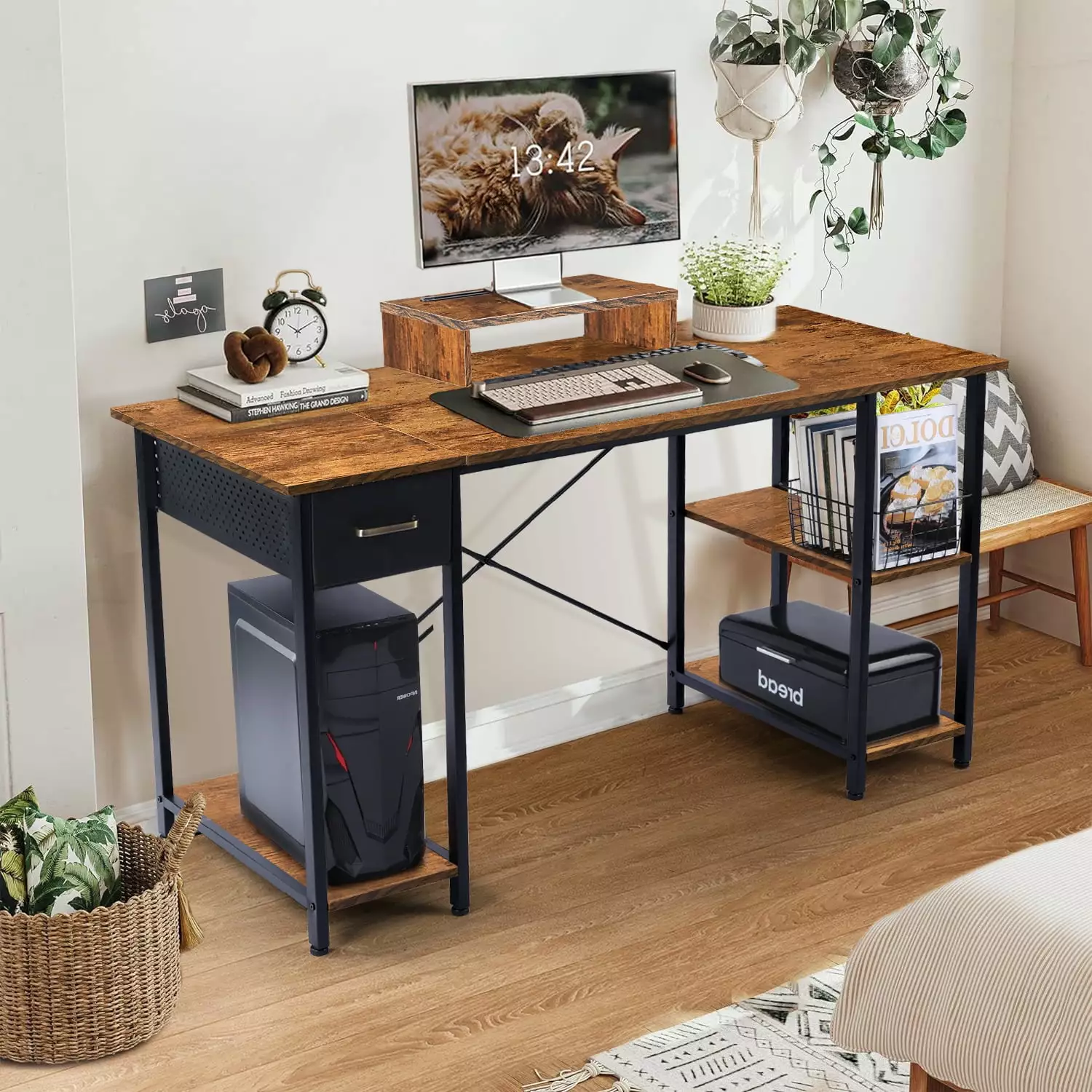 Coliware 55.1 inch Computer Desk Modern Design Home Office Desk Monitor Stand Writing Gaming Table Extra Storage Drawer Sh...