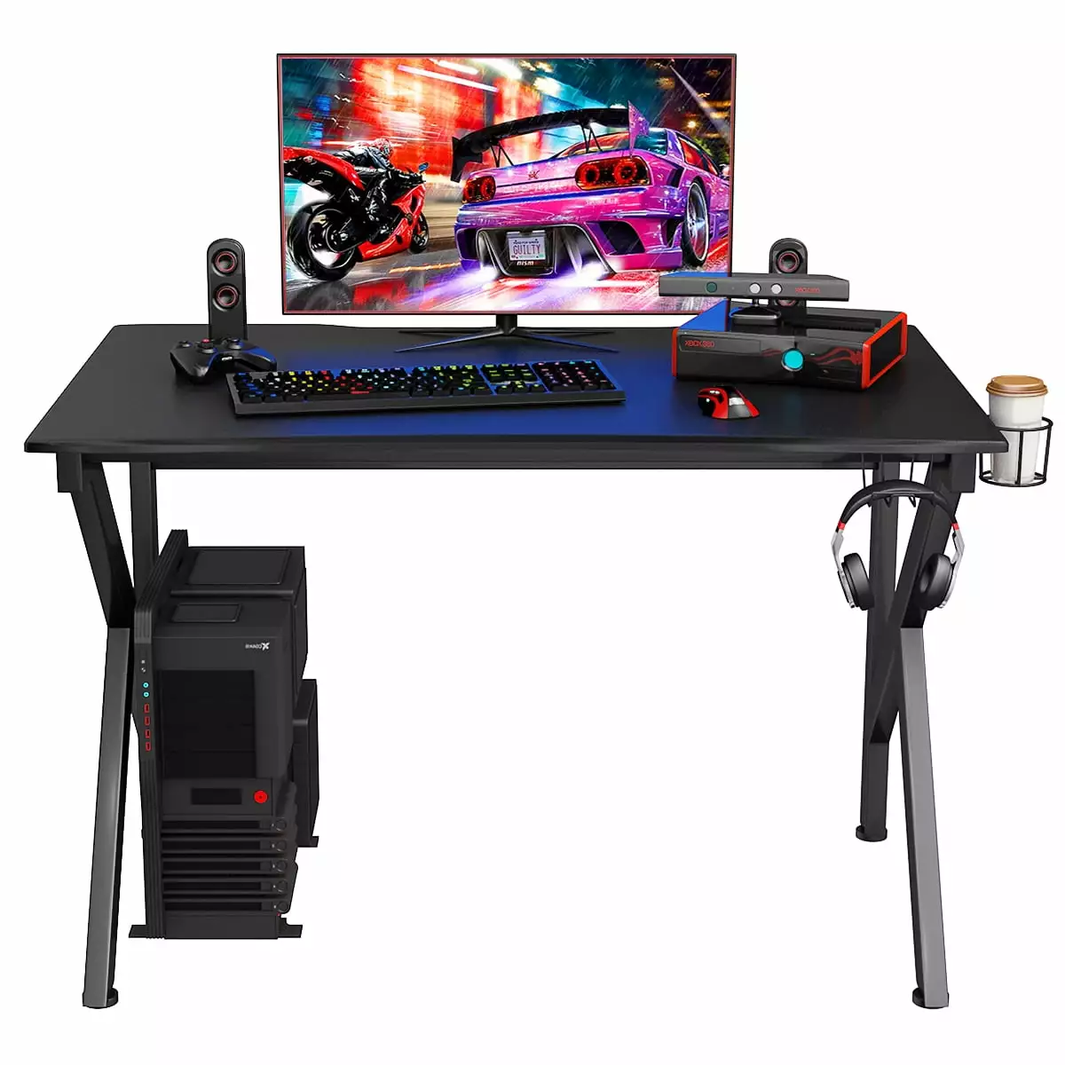 Costway Gaming Desk Gamers Computer Table E-Sports K-Shaped Cup Holder and Hook