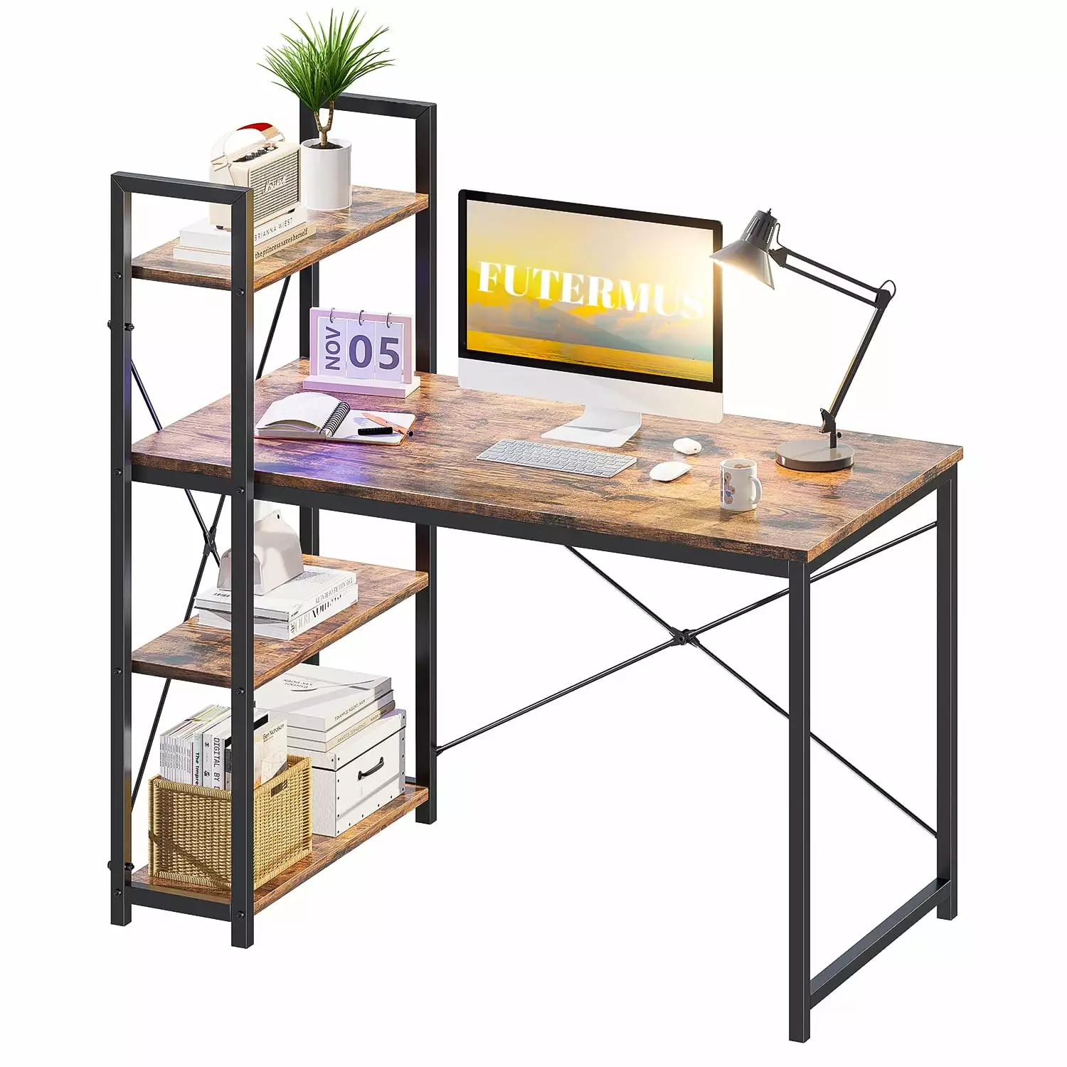 CToN Gaming Desk Reversible Storage Shelves LED Lights Height Adjustable Shelf Brown 48 x 26