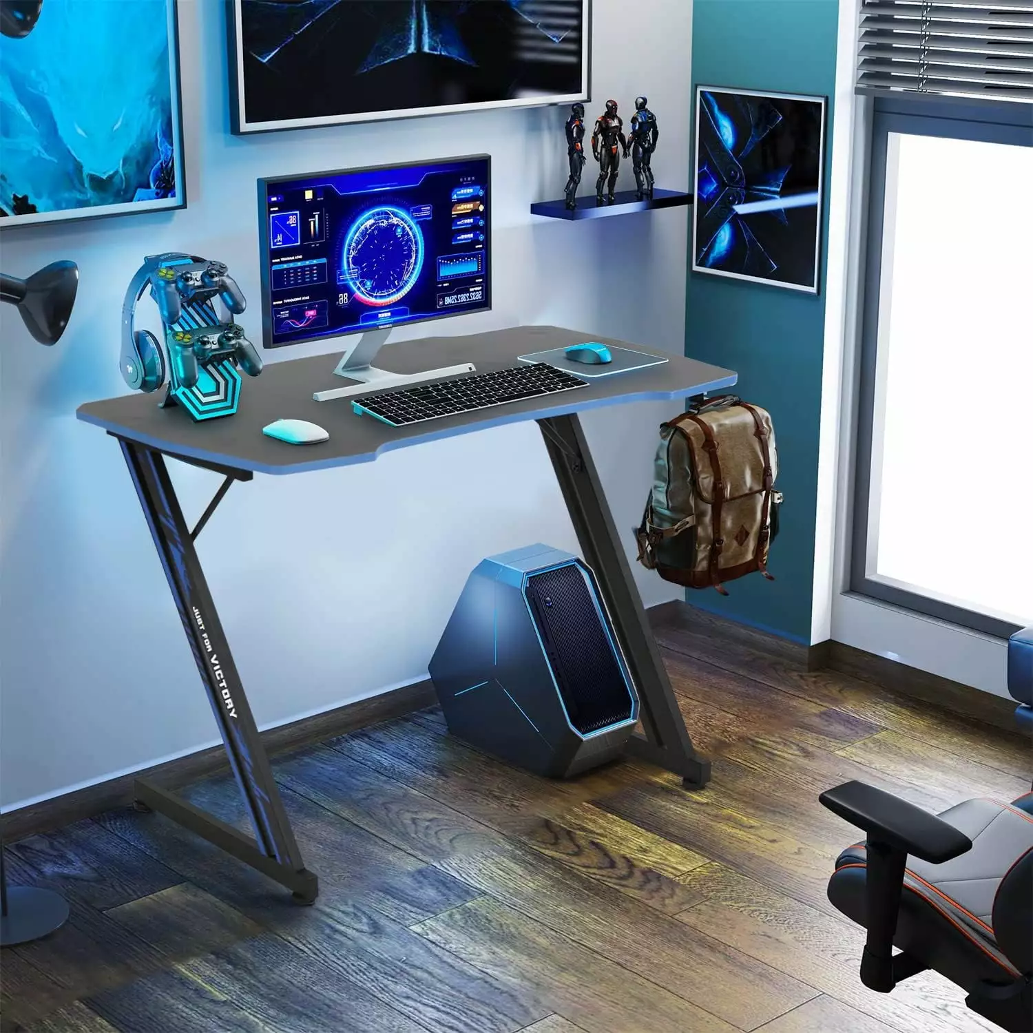 Dkelincs 39.4 inch Z Shaped Gaming Desk Adjustable Height Blue