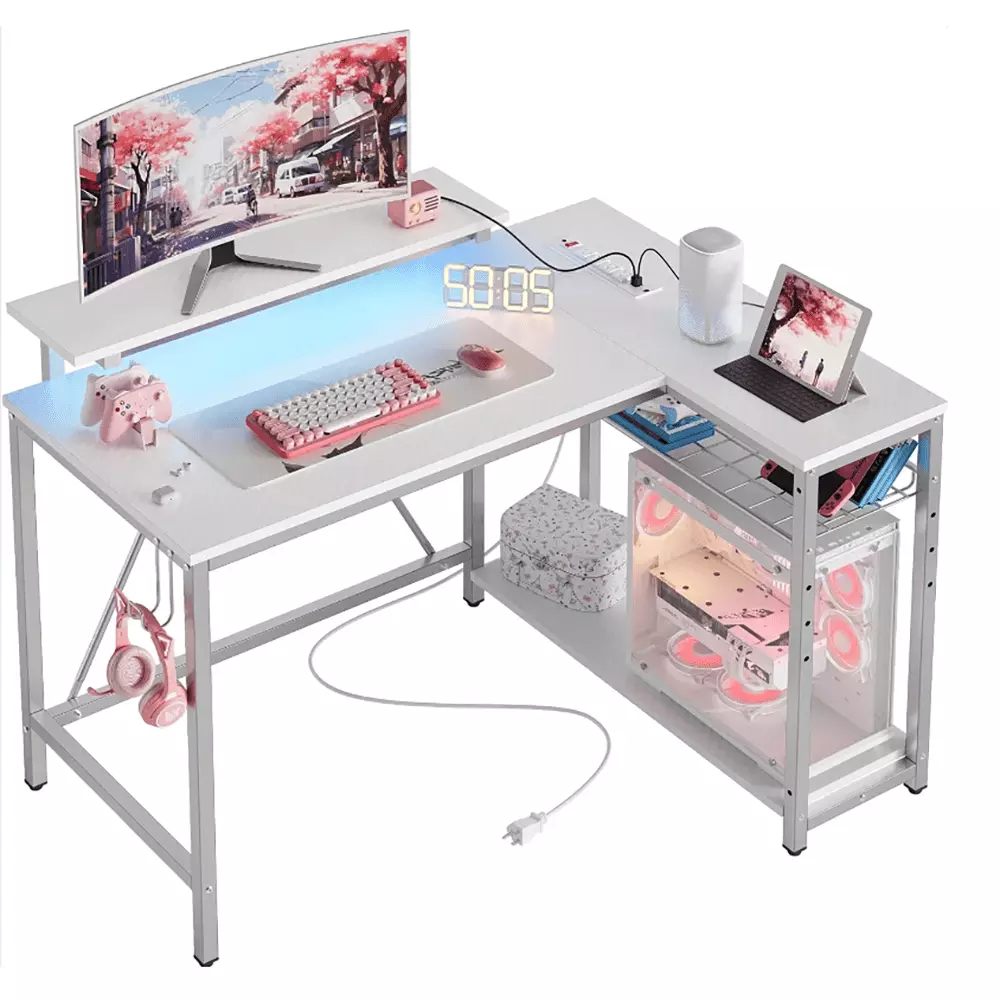 Gaming Desk Power Outlets and 42 LED Lights Small Corner Spaces DQMARTY