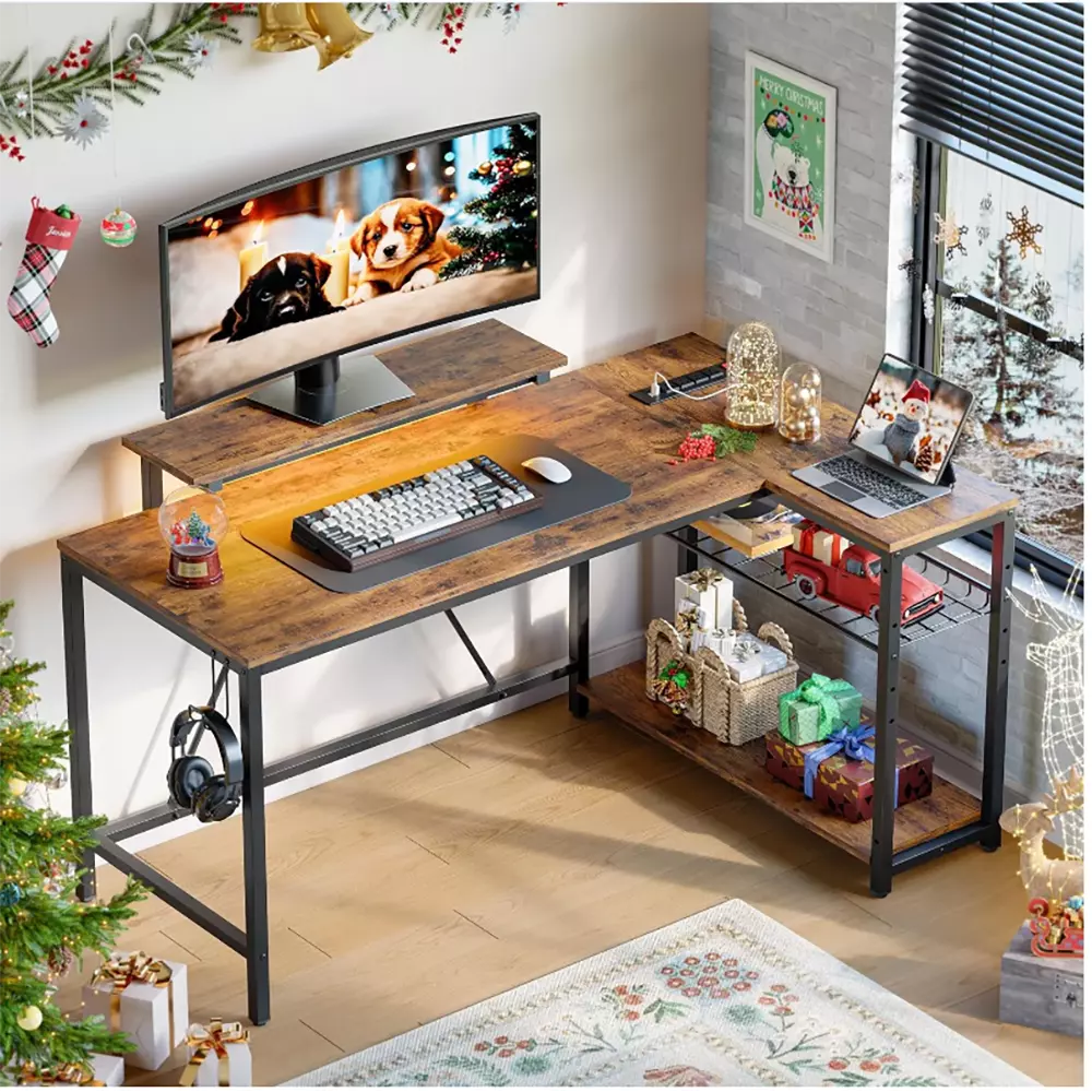 Gaming Desk Power Outlets and 42 LED Lights Small Corner Spaces DQMARTY