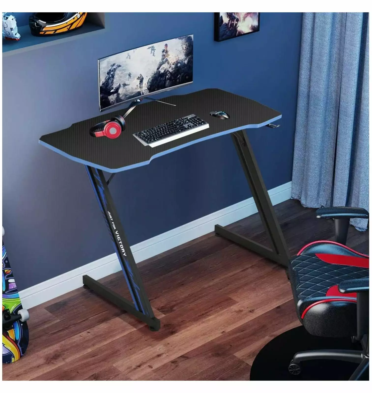35 Inch Z Shaped Gaming Desk Blue Carbon Fiber Surface Ergonomic PC Computer Table Drevy