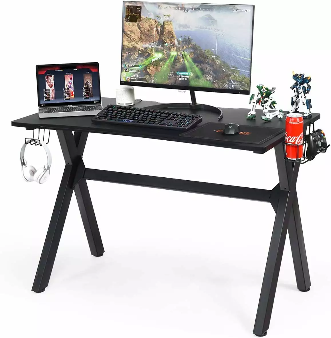Ergonomic Elegant-Sports Gaming Desk Cup and Headphone Holder - Gamer Workstation Carbon Fiber Surface and X-Shape Frame