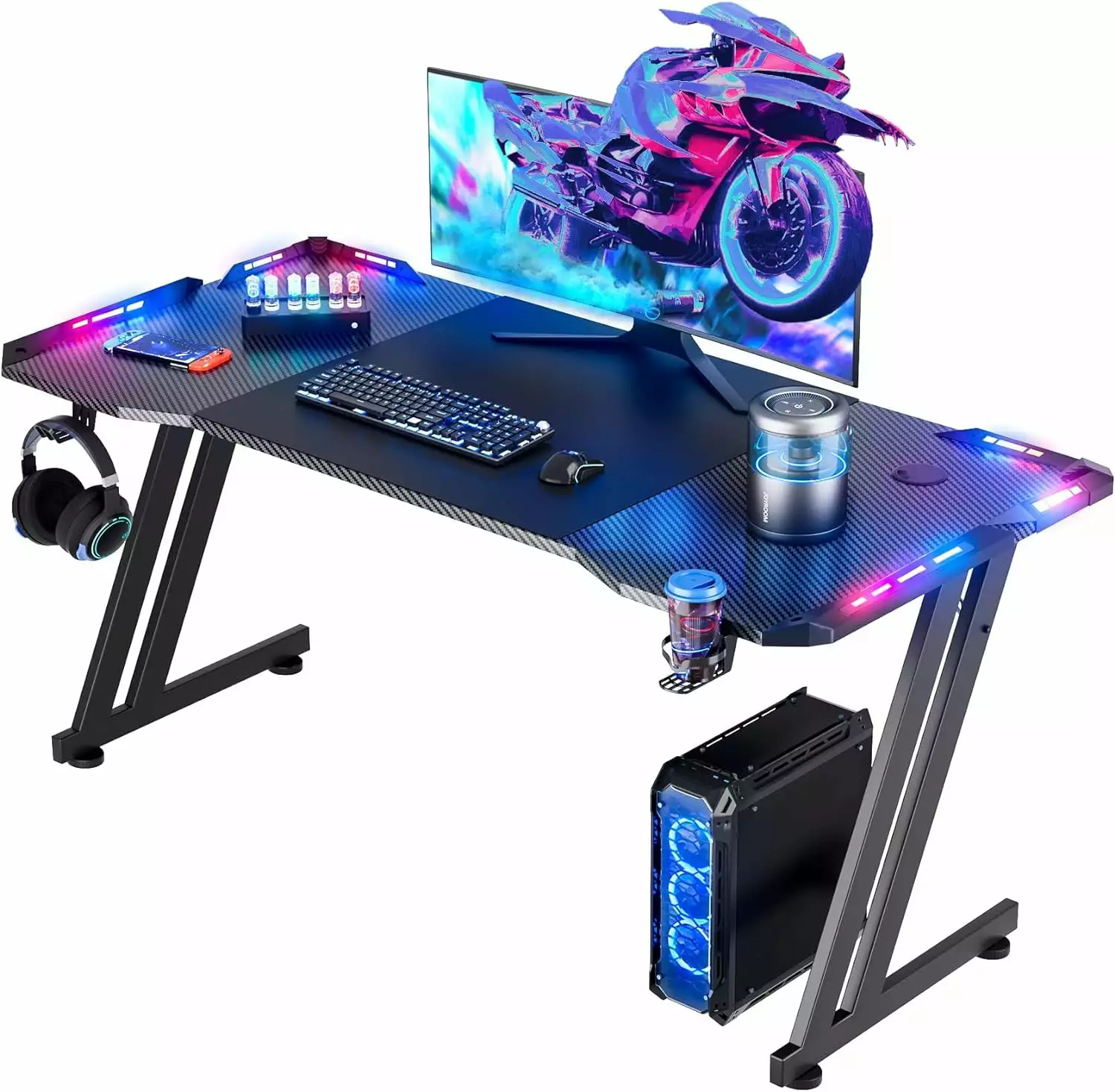 47 Inch Gaming Desk LED Lights Carbon Fiber Surface Ergonomic Z Shaped PC Gamer Workstation FABIIA