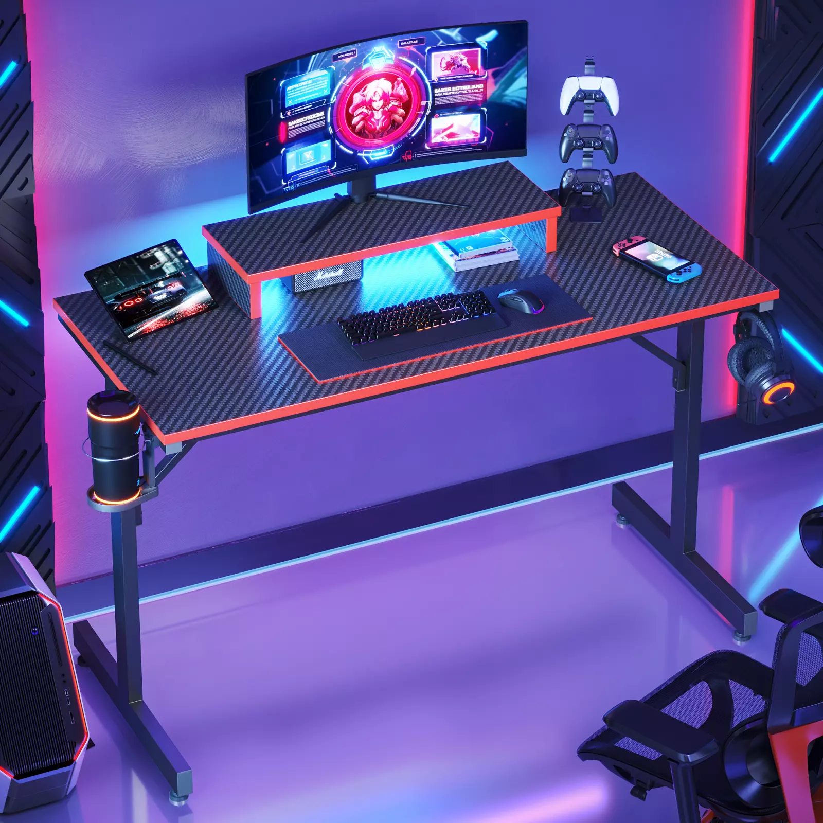 42 Red Gaming Desk Advanced LED Lighting and Monitor Stand - Office Ready FHWM2