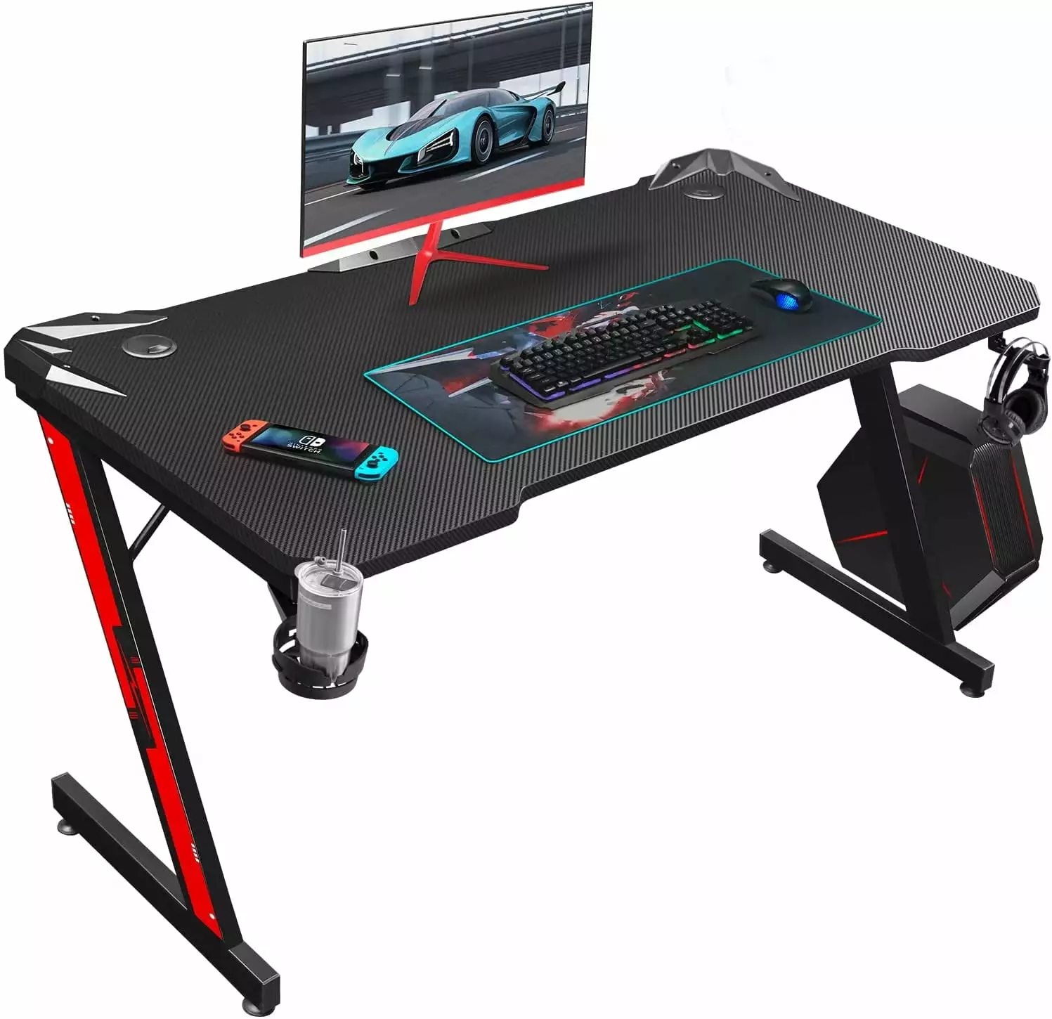 44 Inch Black Gaming Desk Carbon Fiber Surface - Z Shaped PC Gaming Workstation Cup Holder and Headphone Hook FYB