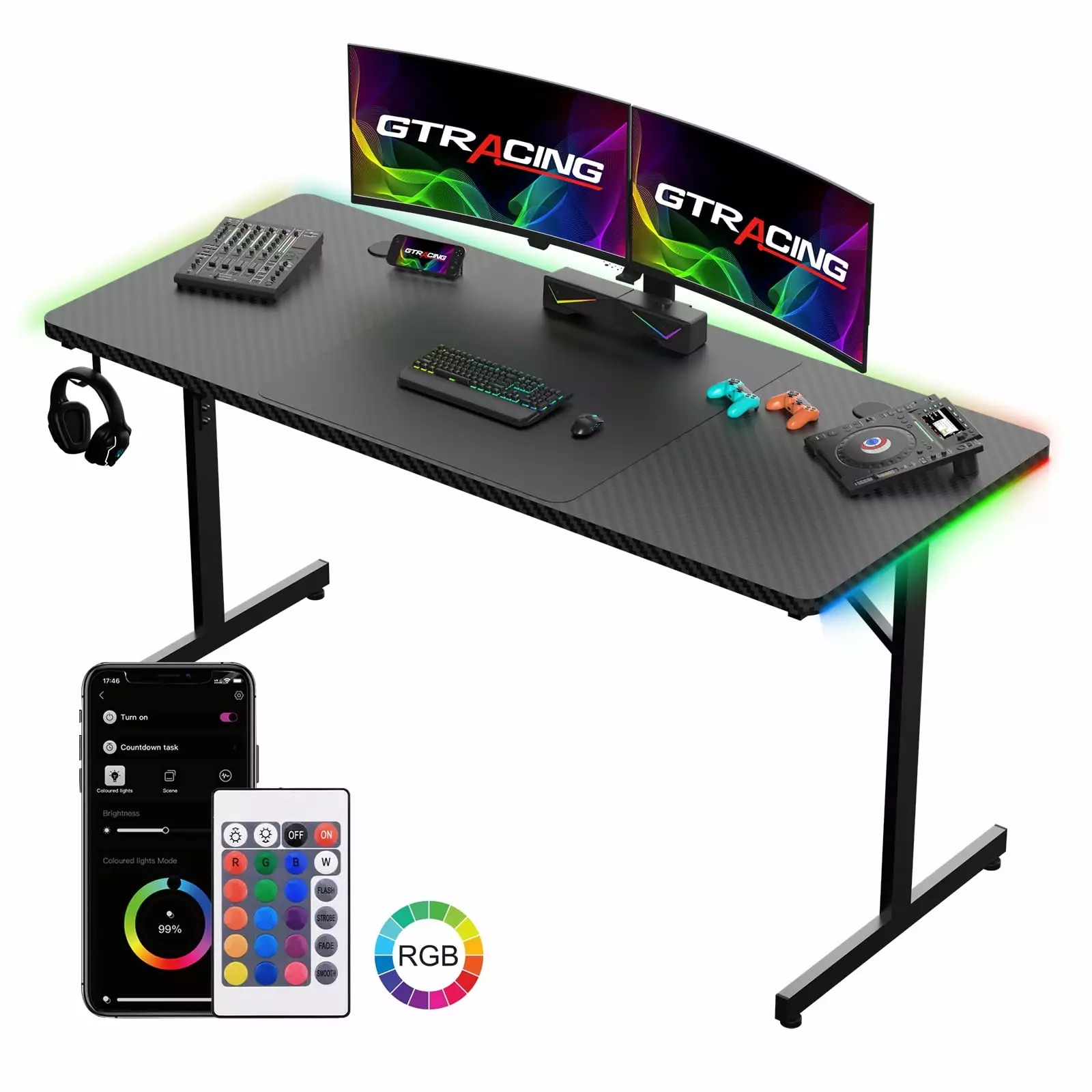 GTRACING 55 Inch Large RGB Gaming Desk Mouse Pad and T-Shaped Office Chair Black