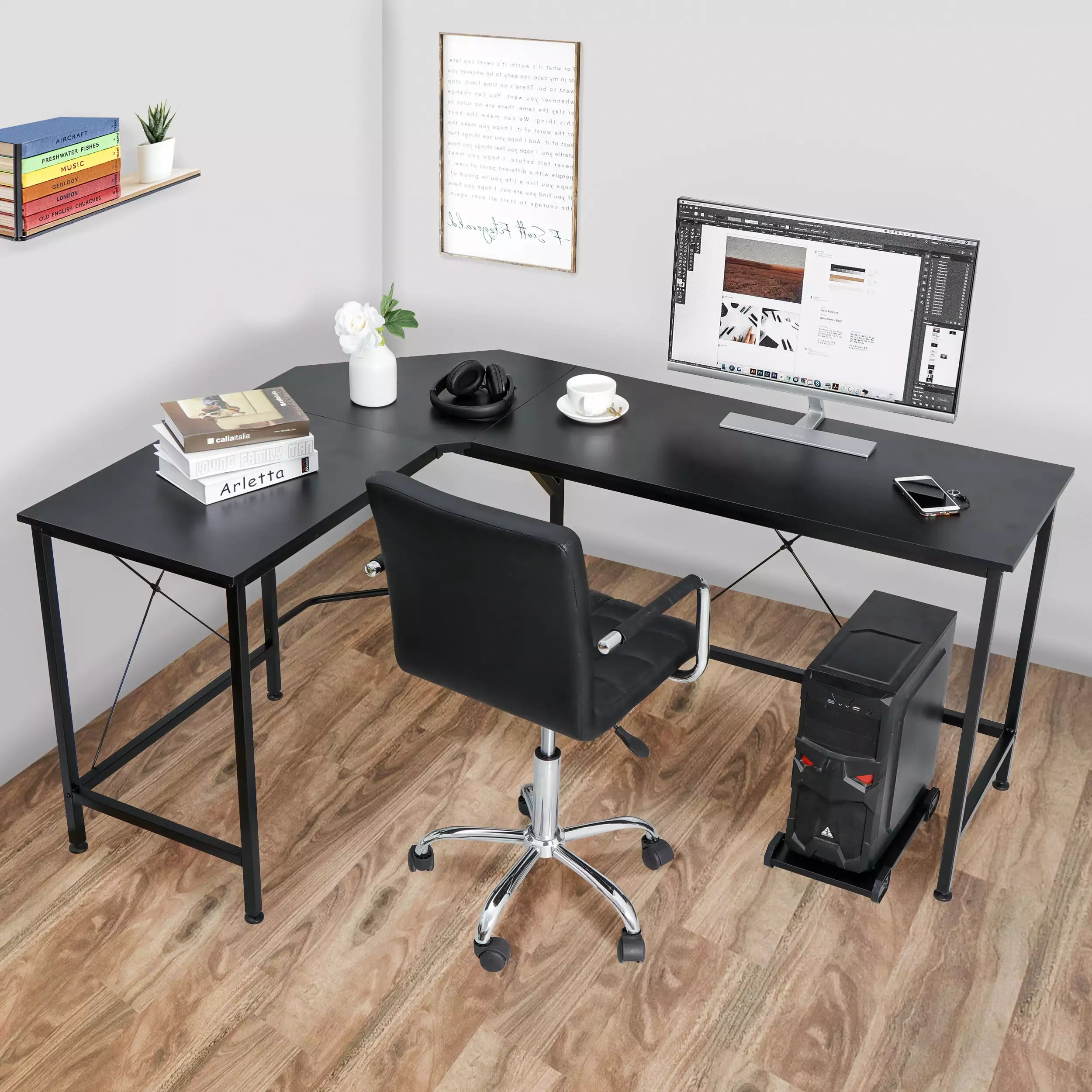 HomGarden 66 Inch L-Shaped Reversible Computer Desk CPU Stand