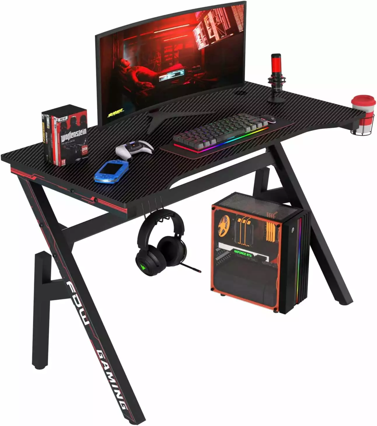 47 Inch Gaming Desk Computer Desk Extra Large Ergonomic Black Carbon Fiber Table Cup Holder JINMAI