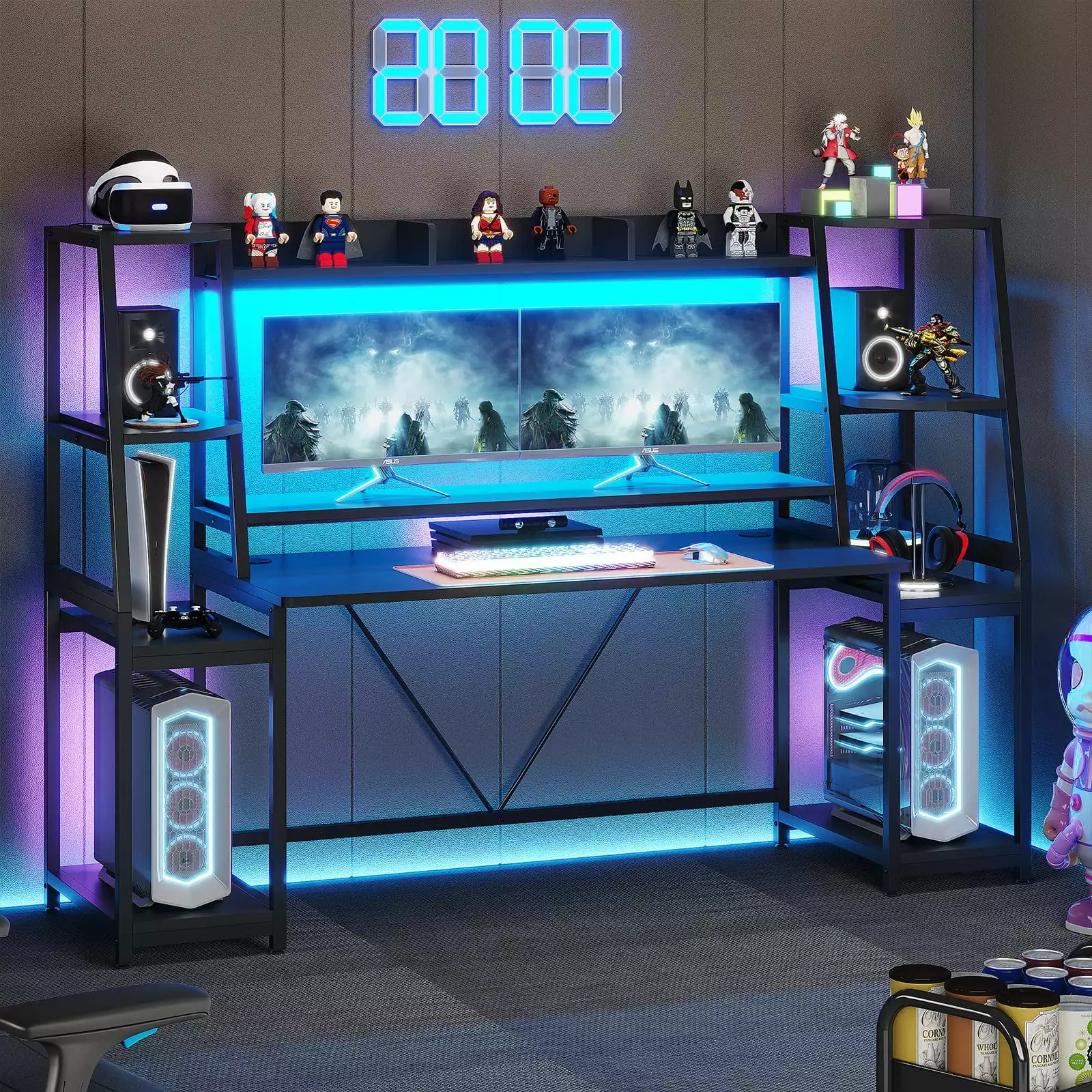 Gaming Desk 78.8 Inches LED Lights Hutch Storage Shelves Monitor Stand Ergonomic Black Kicode