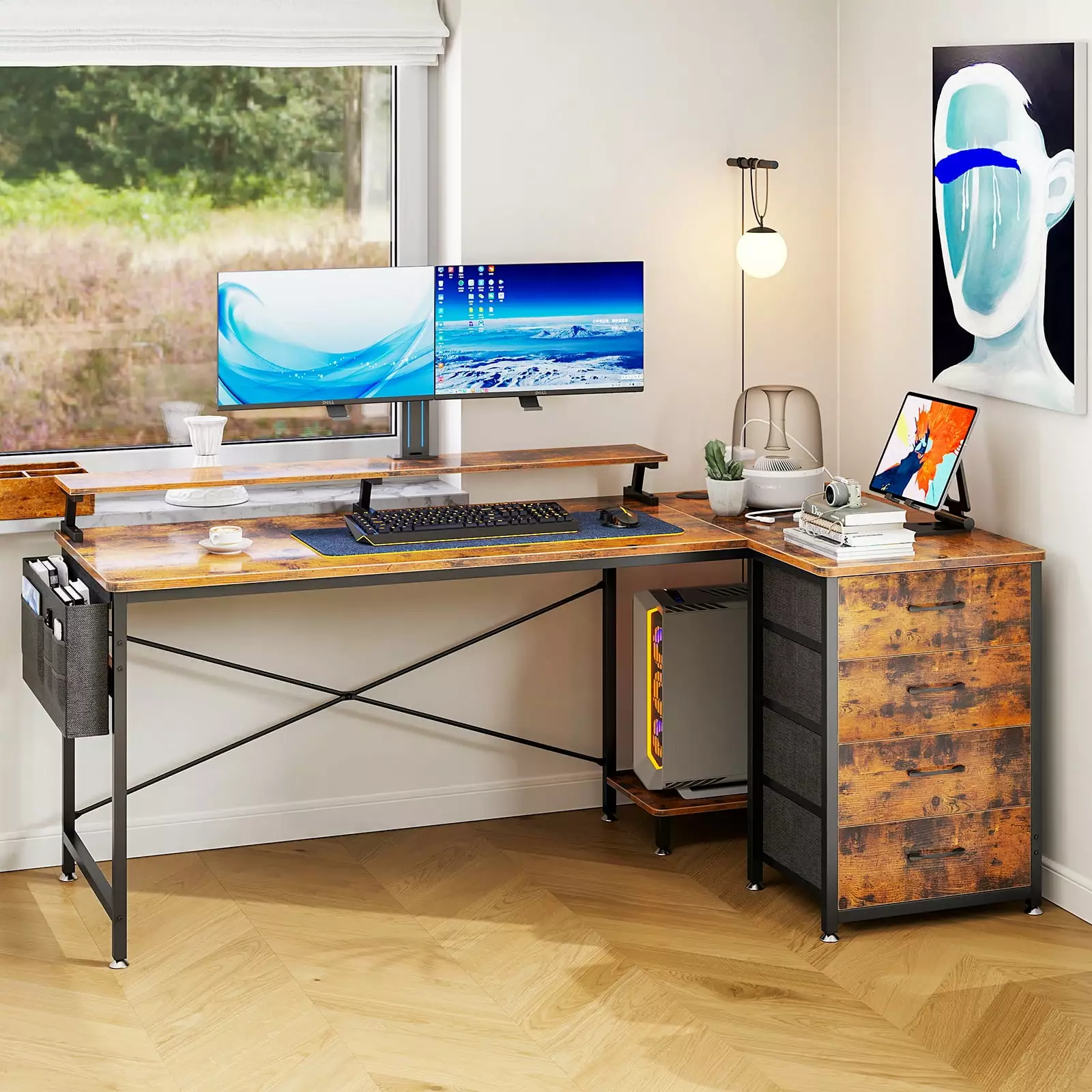 63 Inch Corner Computer Desk Power Outlets LED Lights 4-Tier Drawer Vintage KKL