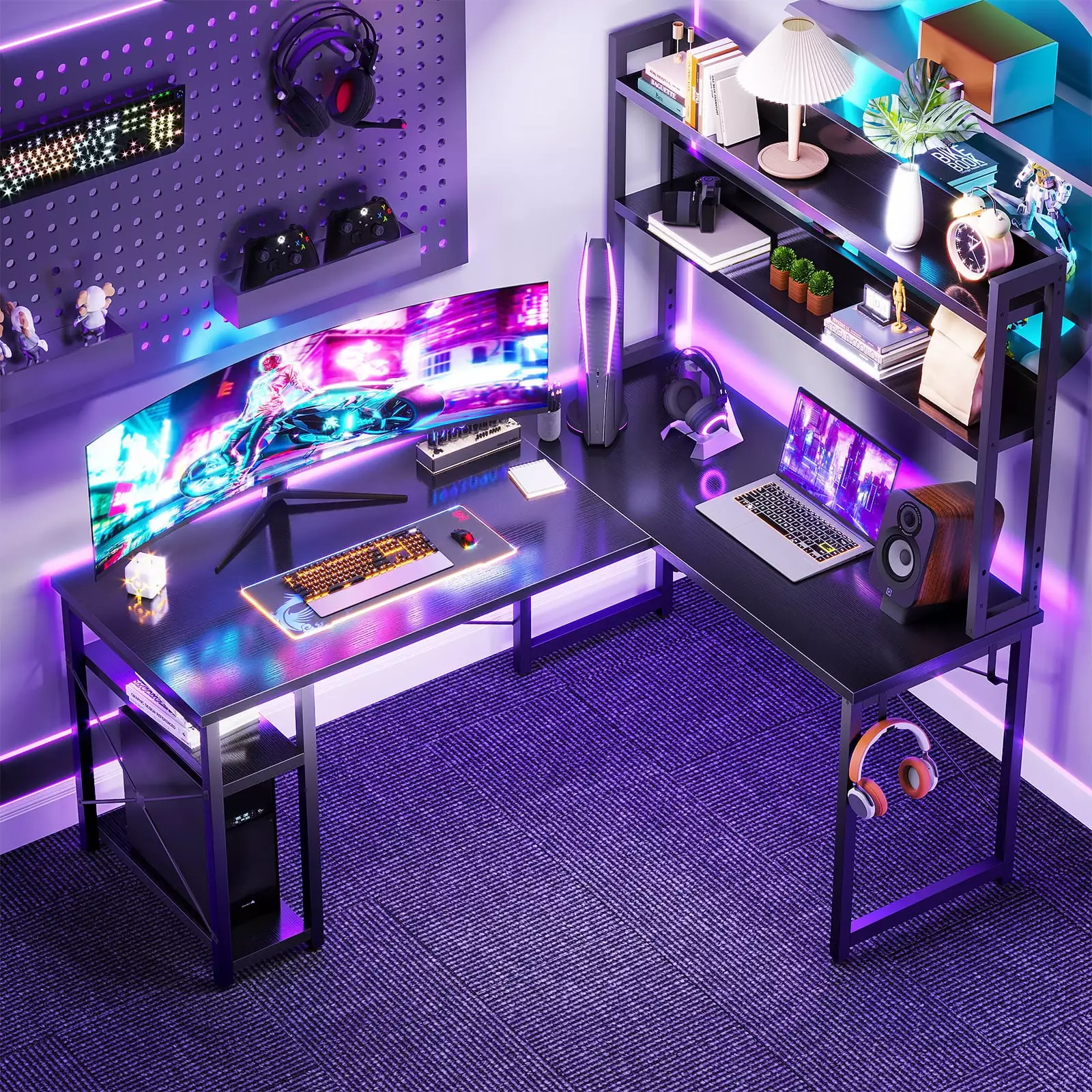 59 Inch Reversible L-Shaped Gaming Desk Hutch and Storage Shelves Home Office Black KKL