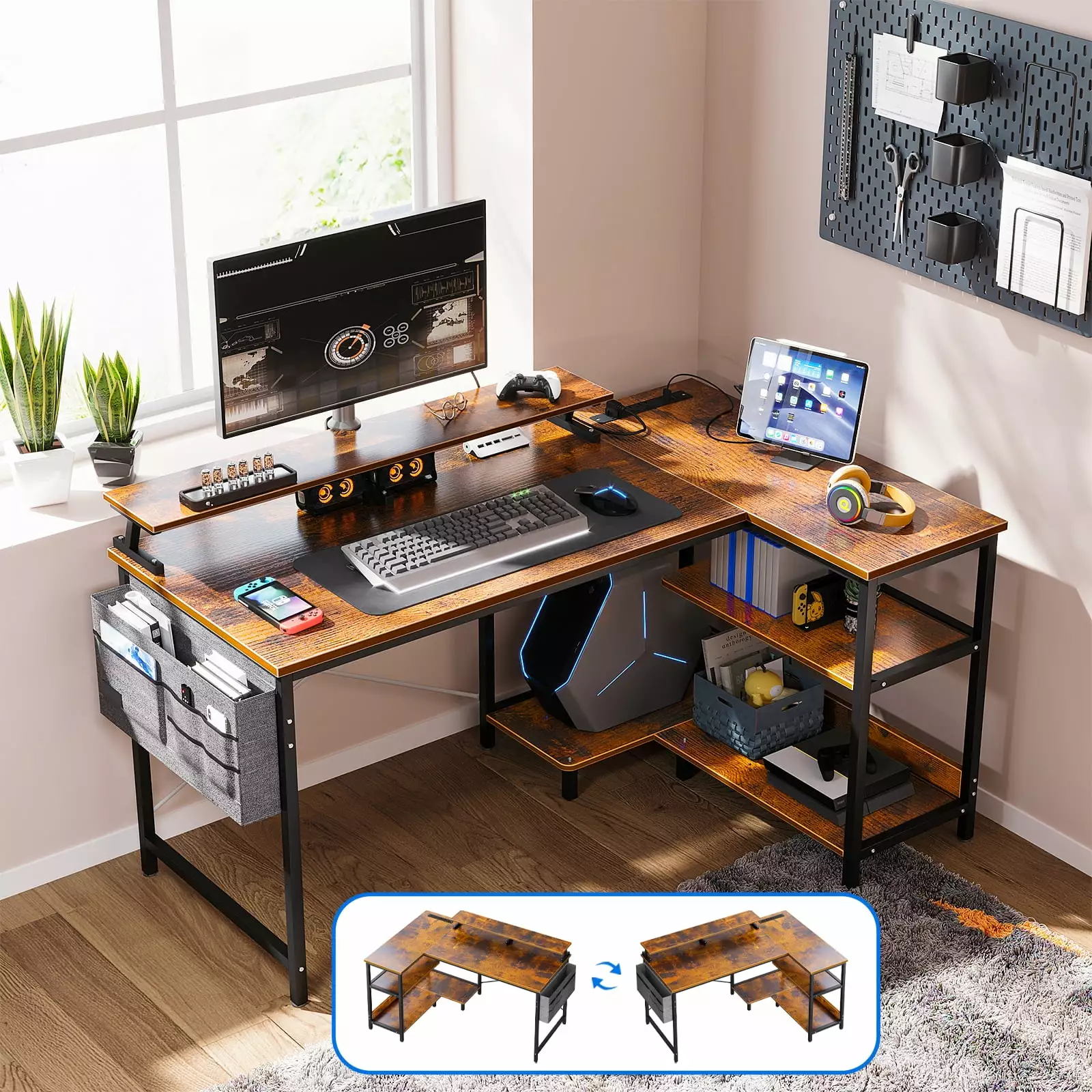 48 Inch Reversible L Shaped Gaming Desk USB Charging Port Power Outlet Corner Computer Desk Storage KKL