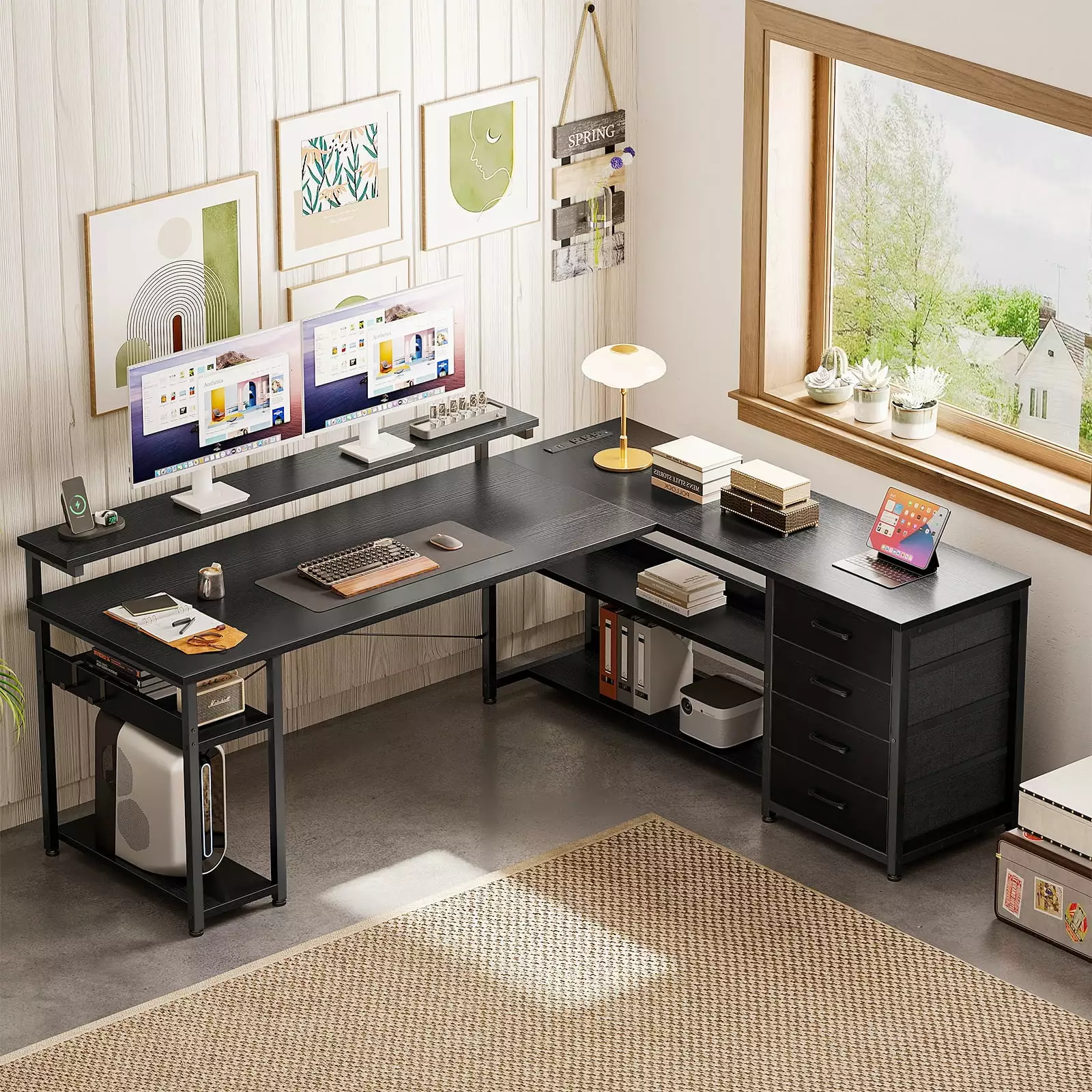 61 Inch L Shaped Gaming Desk LED Lights & Power Outlets - Adjustable Height Monitor Stand KKL