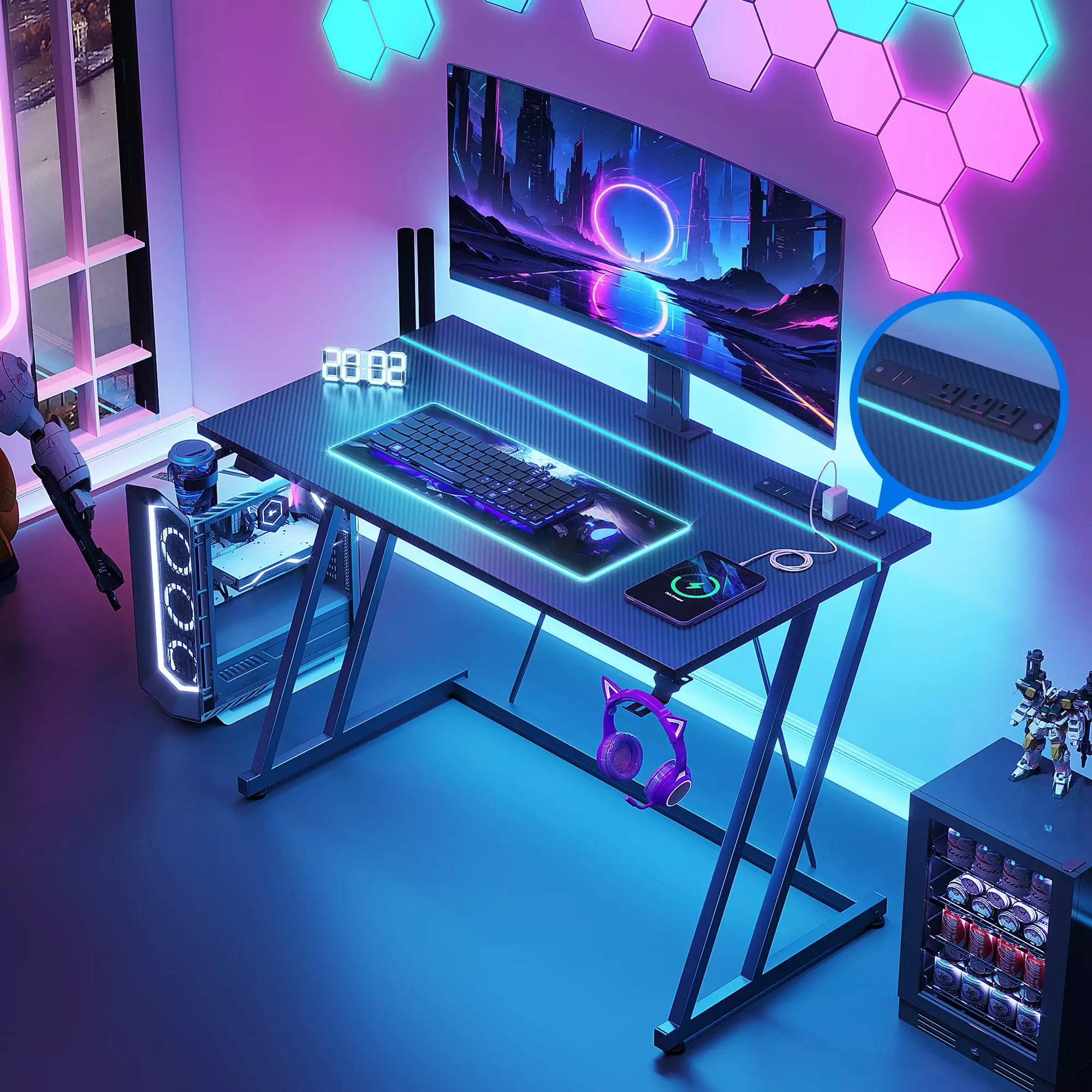 KKL 31.5 Inch Small Gaming Desk LED Lights and Power Outlet Black Carbon Fiber Texture