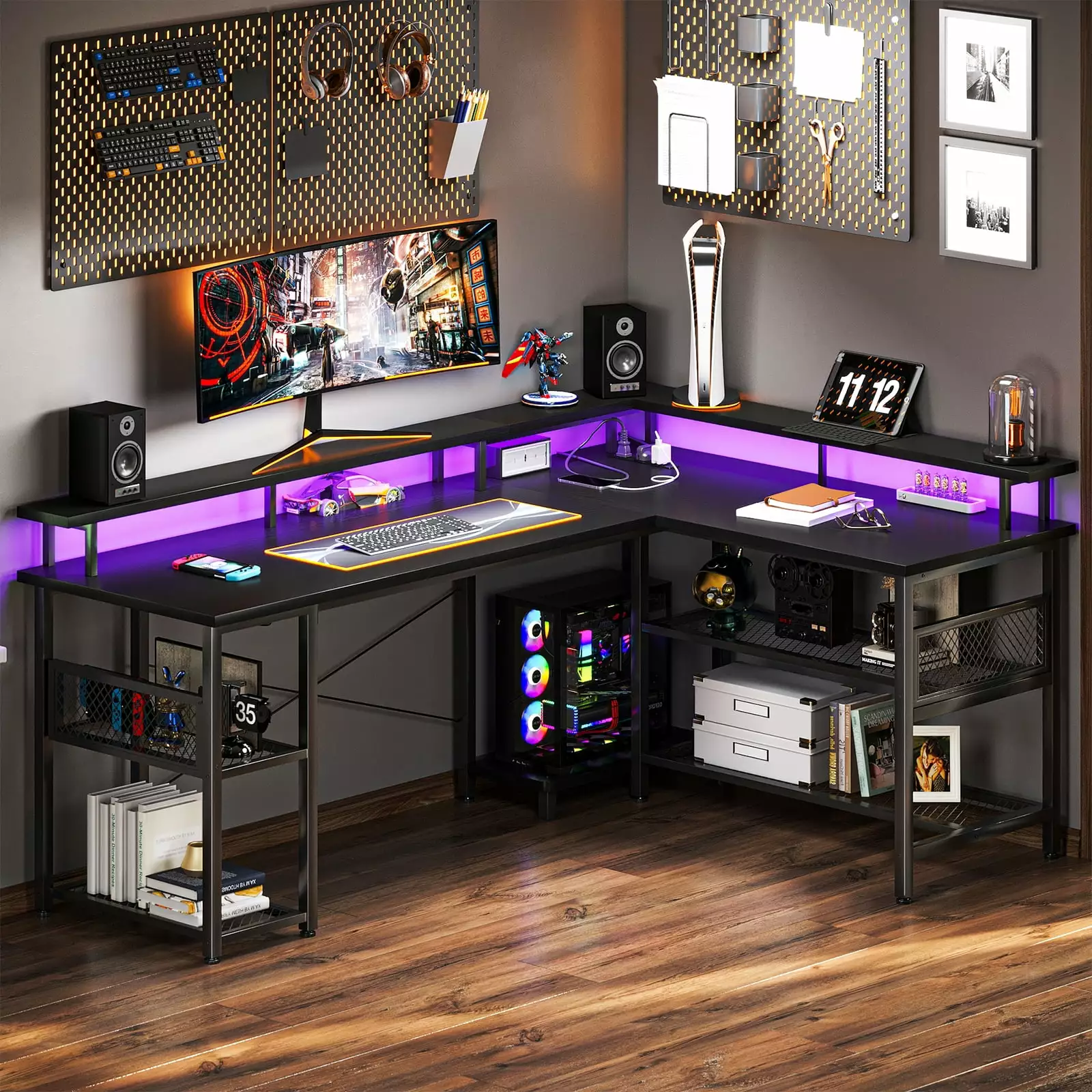 Reversible 59 Inch L Shaped Computer Desk LED Lights Power Outlet Gaming Table Black KKL