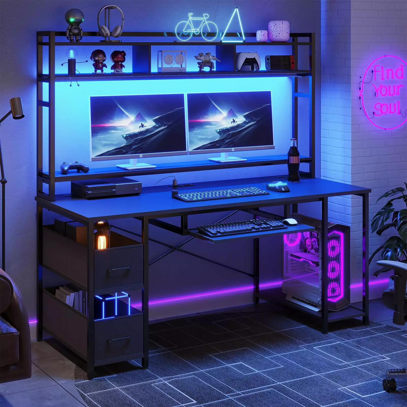 Black Computer Gaming Desk Bookshelf LED Lights Power Outlet 55 Inches Home Office PC Table Mabor