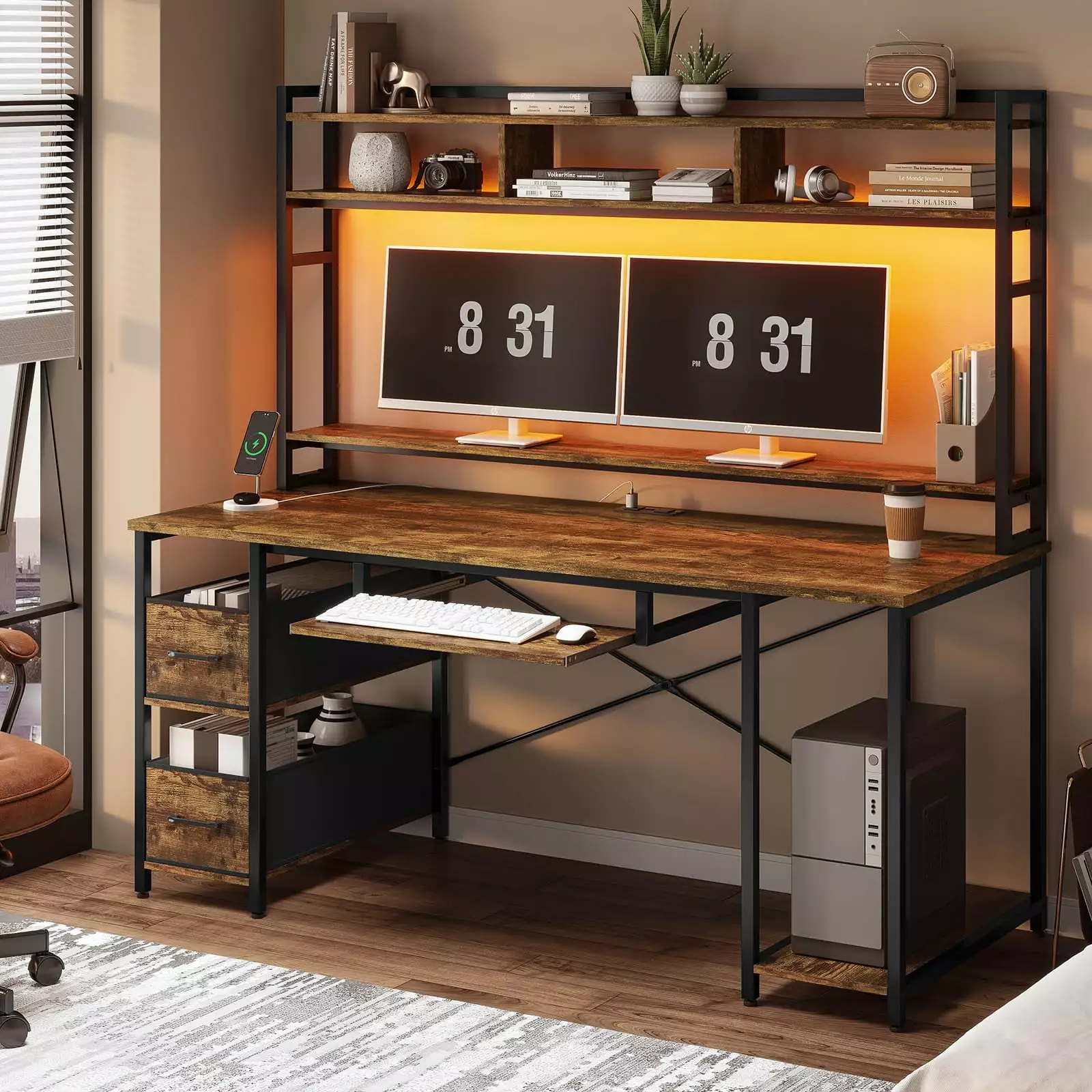 55 Gaming Computer Desk Drawer Power Outlet Industrial Home Office Desk Table PC Study Workstation Mabor