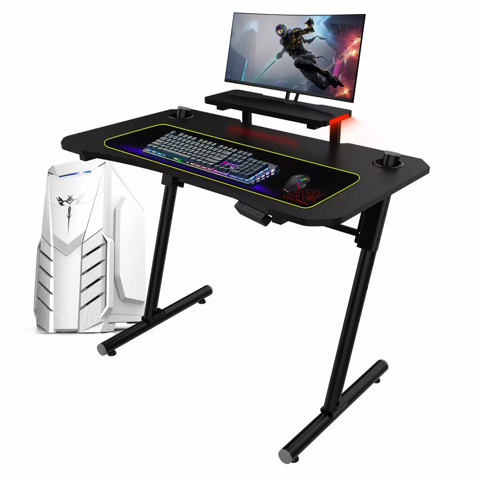 RGB Gaming Desk LED Lights and Monitor Shelf Stand 41 Inch PC Computer Table Workstation Modern-Depo