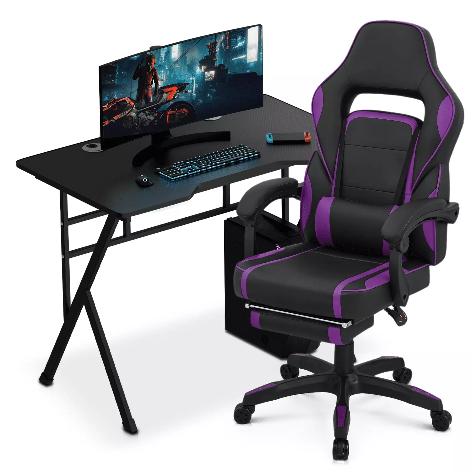 MoNiBloom Computer Desk Gaming Chair Set Host Rack Adjustable Ergonomic Chair Black Purple