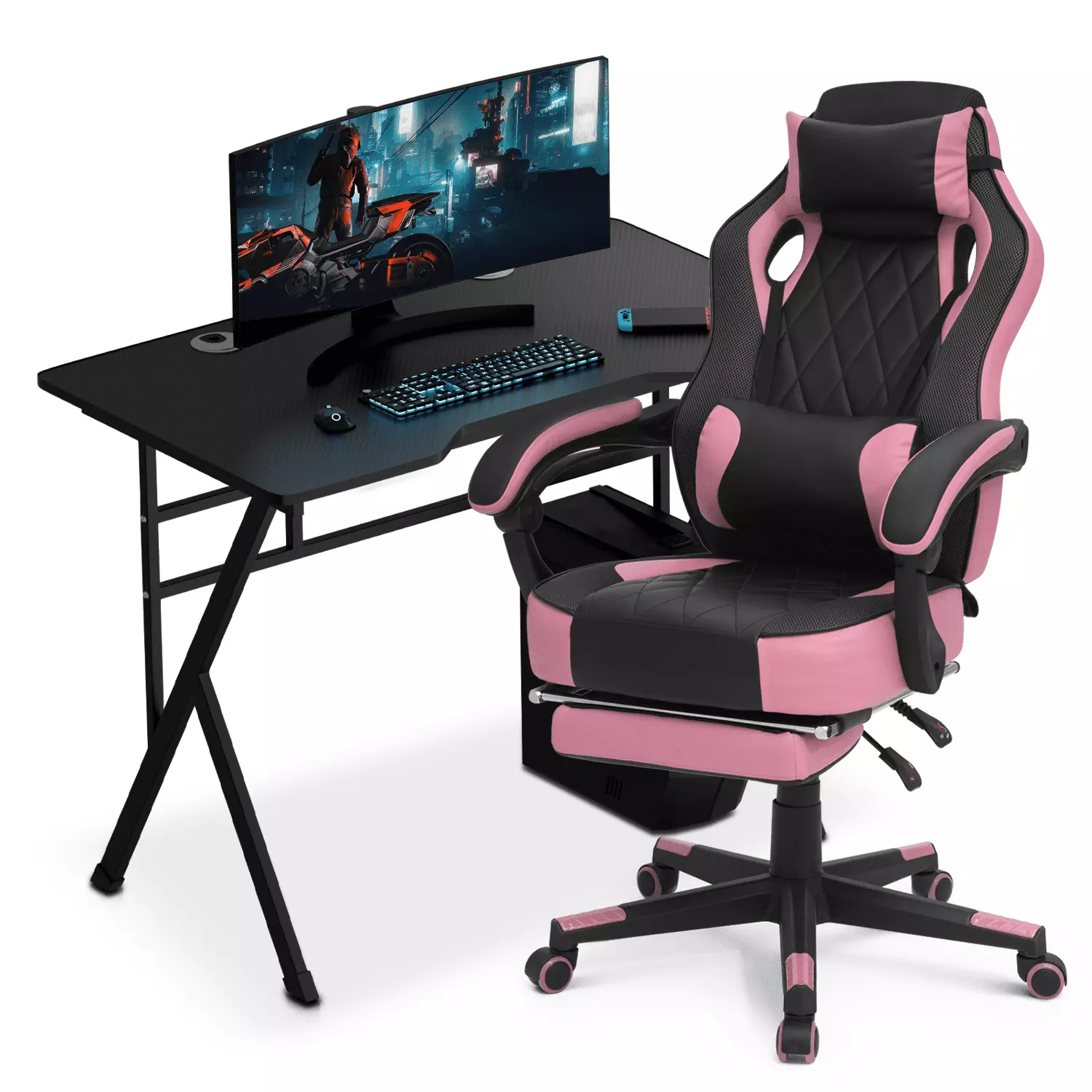 MoNiBloom Multifunctional Modern Computer Desk Host Rack and Faux Leather High Back PC Racing Seat