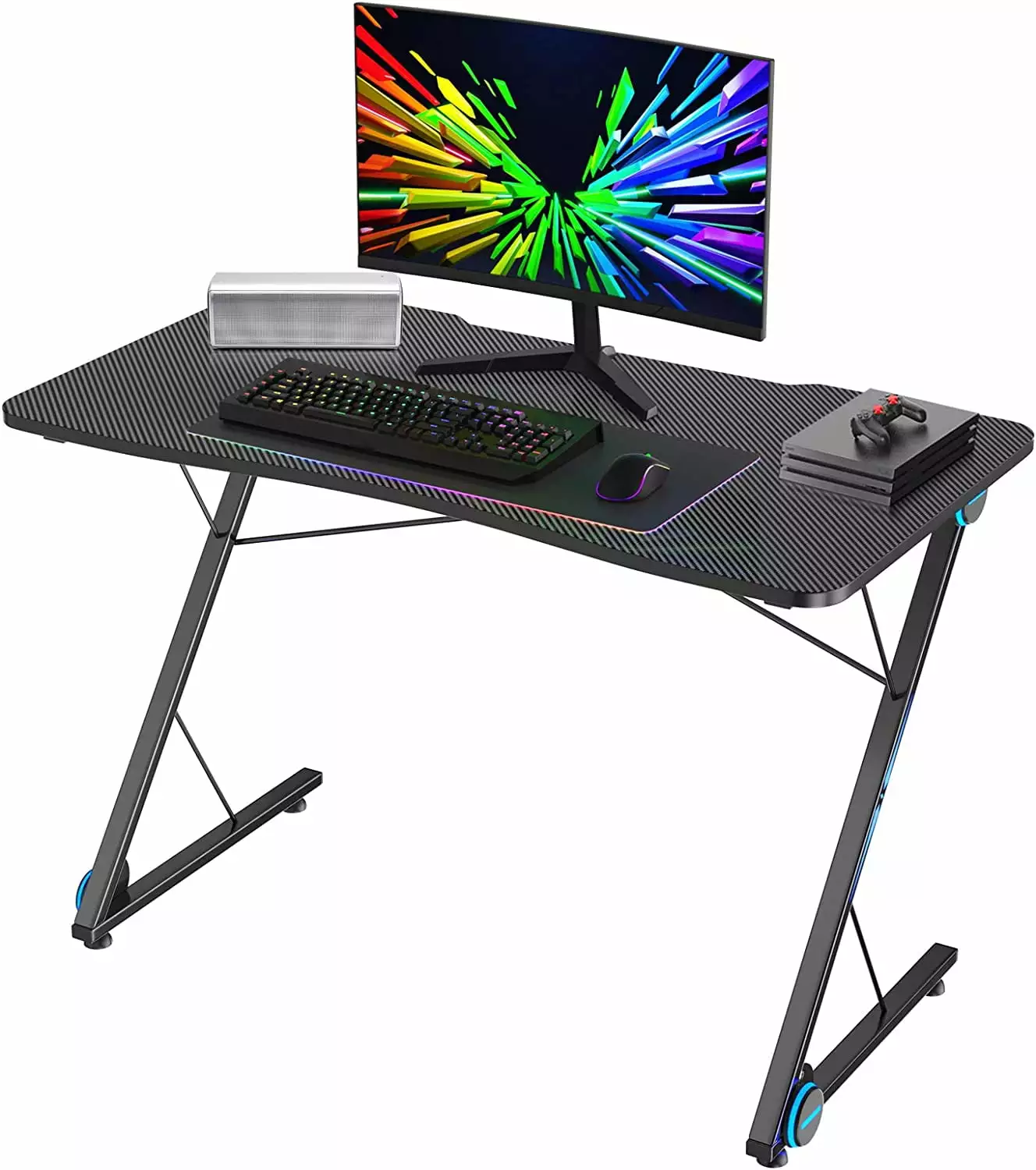 Gaming Computer Desk Z-Shaped Home Office Computer Table LED Lights & Large Carbon Fiber Surface Ergonomic Gamer Workstati...