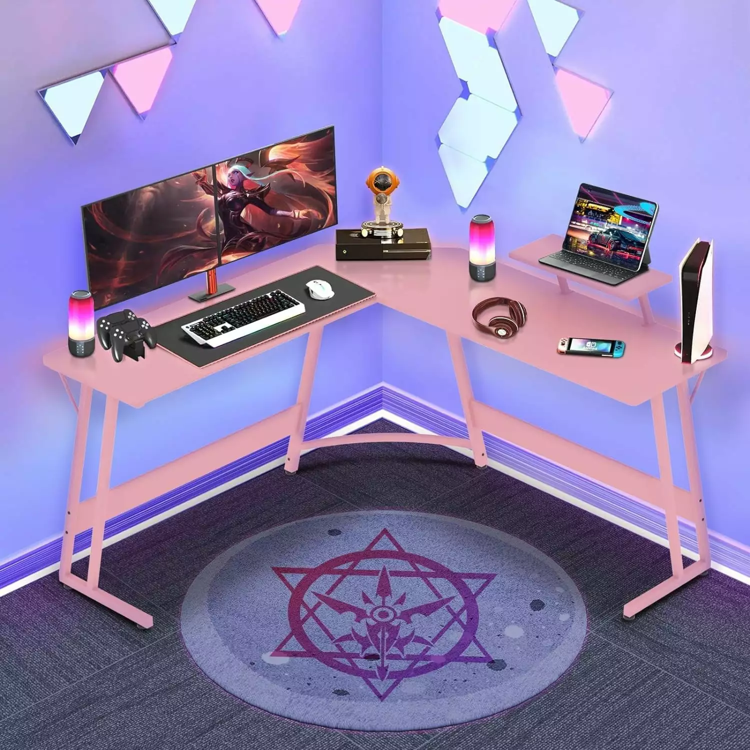 Pink L Shaped Gaming Desk Large Desktop and Storage Space Adjustable Feet SSH