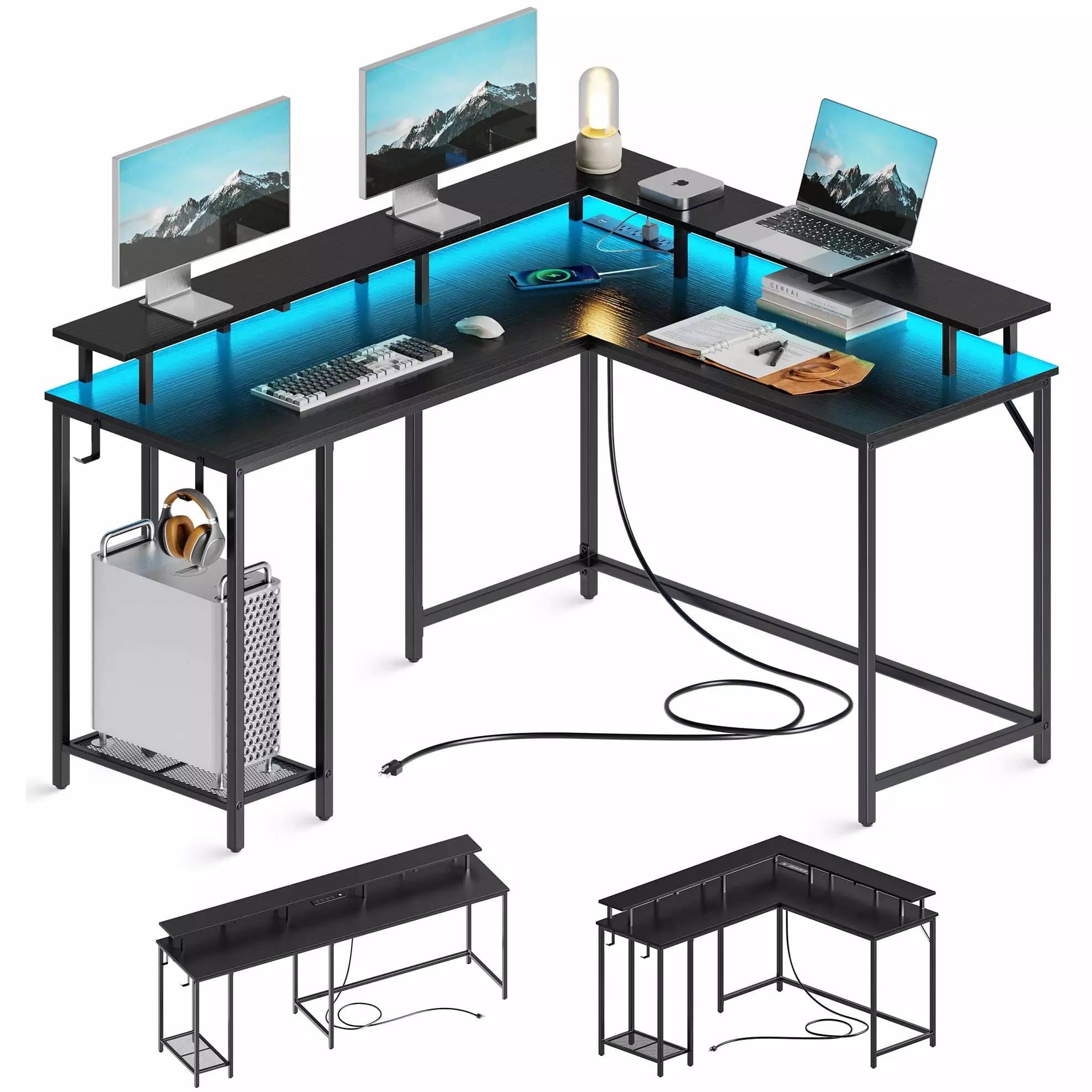 SUPERJARE L Shaped Desk Outlets USB Ports LED Light Strip Corner Computer Desk Gaming Office