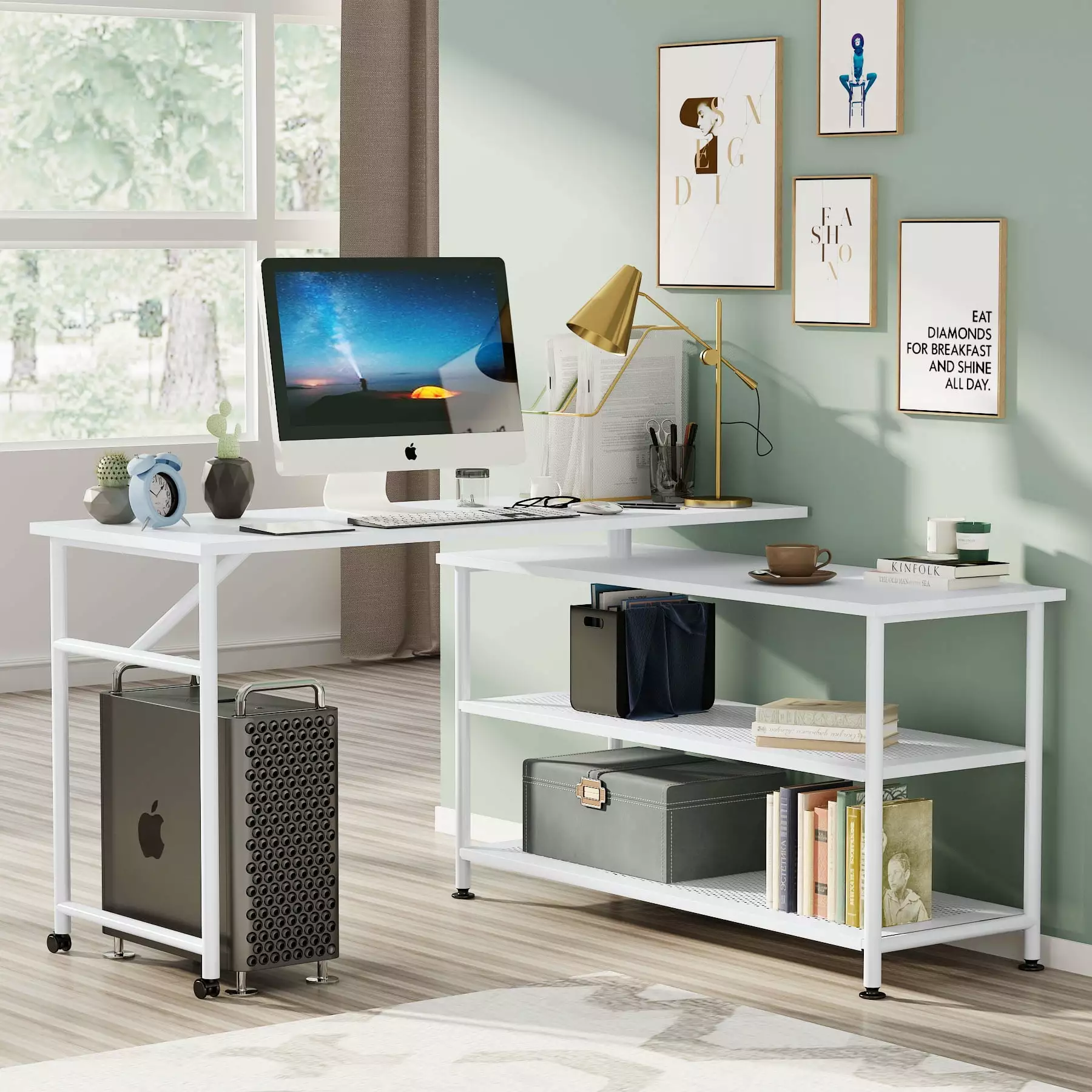 Tribesigns Folding Computer Desk Storage Shelves 360 Rotating L-Shape Corner Desk Large PC Gaming Desk