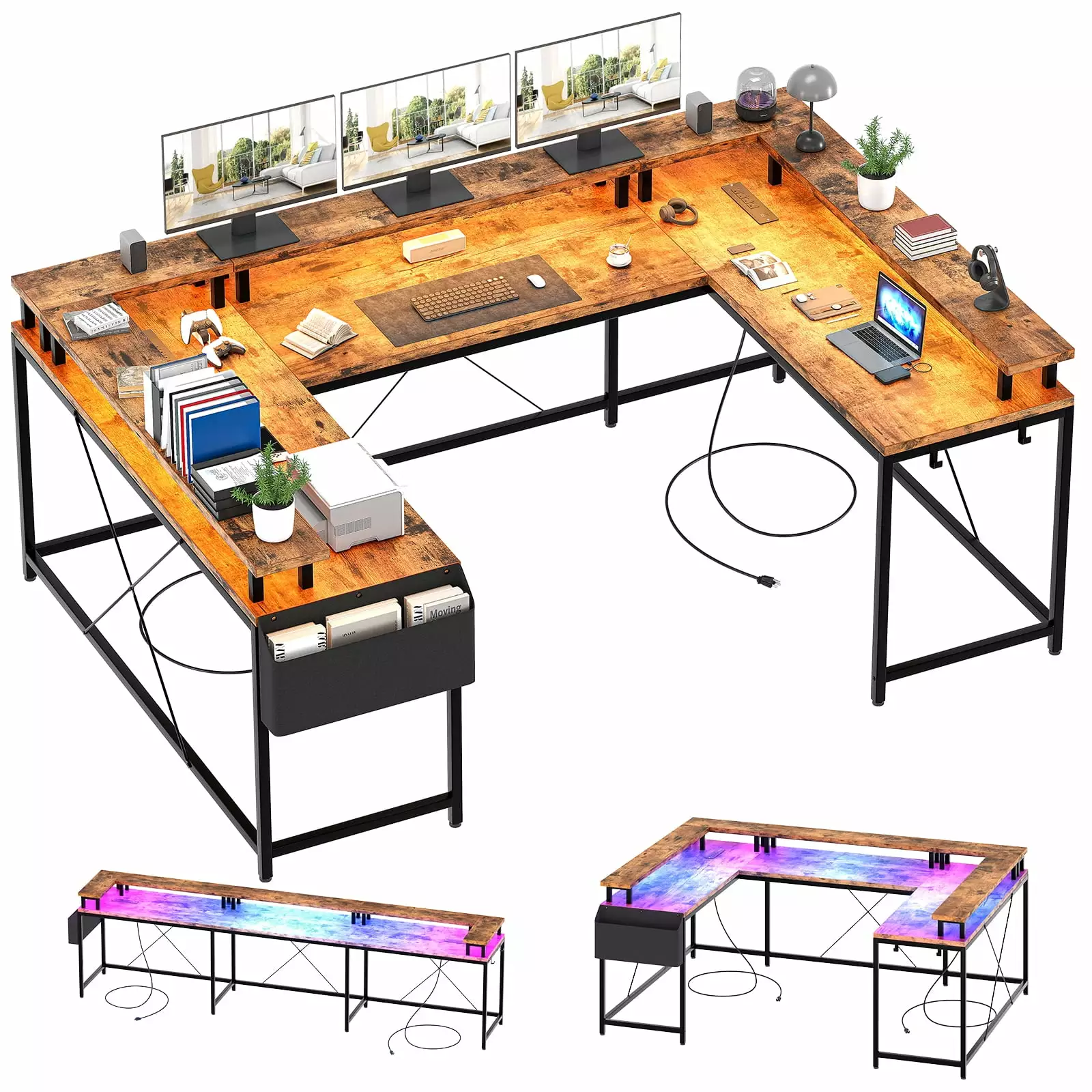 Tropow Reversible 79 Inch U Shaped Gaming Desk LED Light Strip and Power Outlet