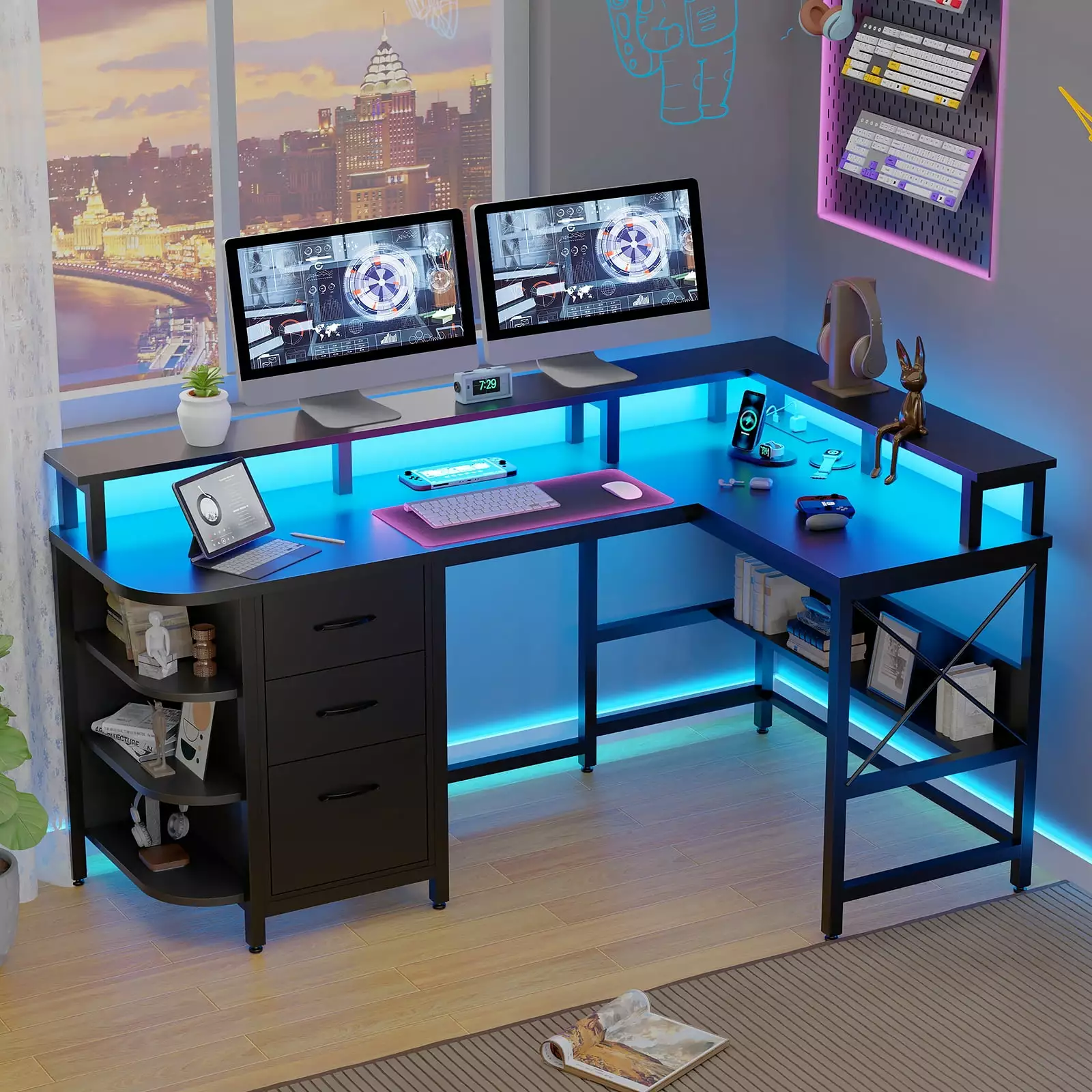 Vabches 67 L Shaped Computer Desk LED Lights and Power Outlets Reversible Gaming Desk 3 Drawers