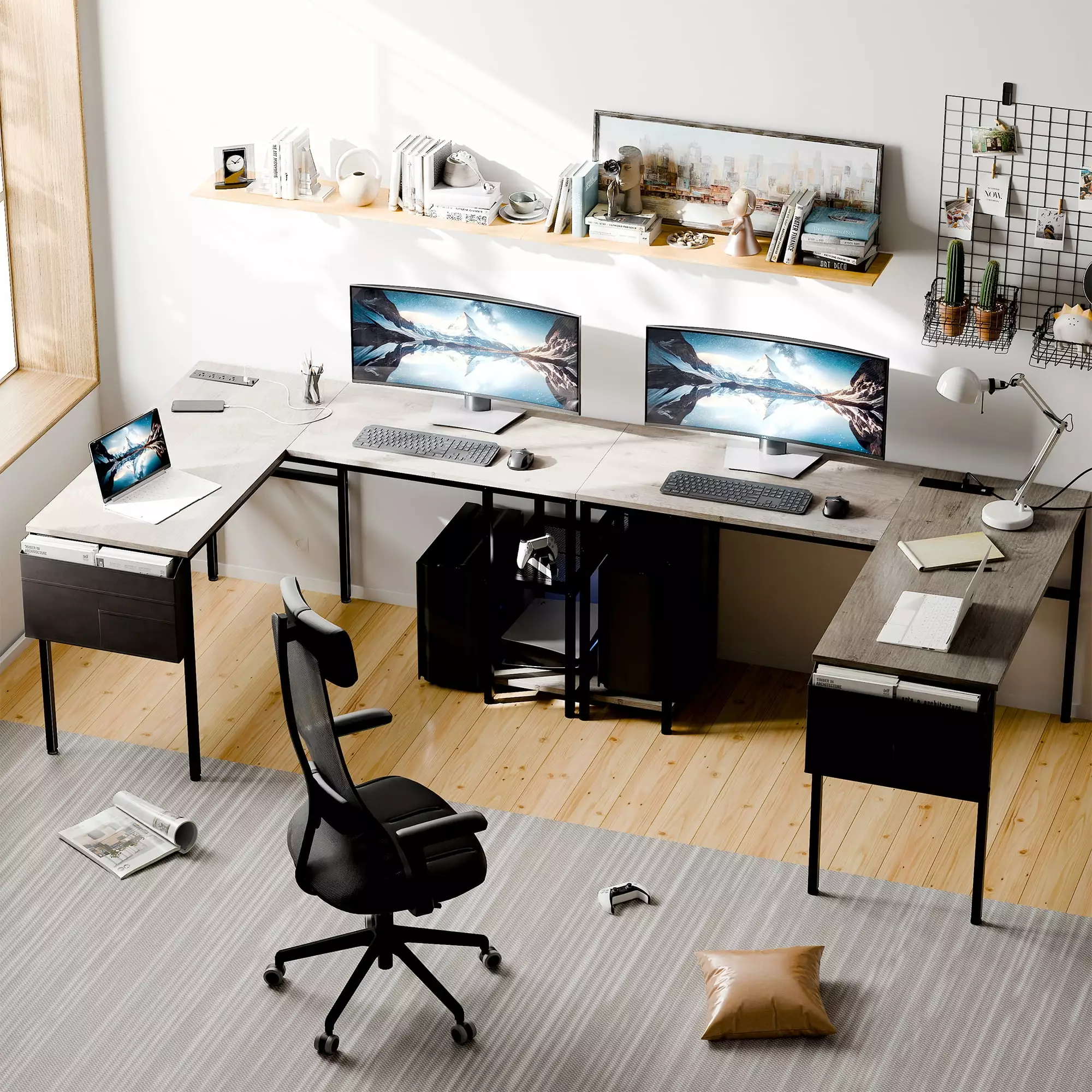 Walsunny L Shaped 55 Inch Writing Gaming Desk LED Lights Home Office Desks Storage Shelves