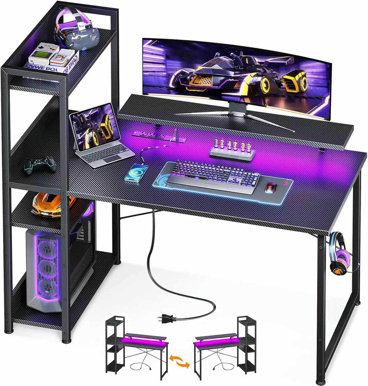 Reversible Gaming Desk USB Charging Port LED Lights Computer Desk Storage Shelves Monitor Stand Home Office Study Table WE...