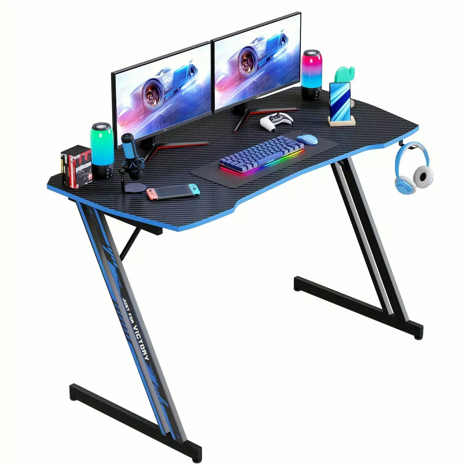 47 Inch Z Shaped Gaming Desk Large Home Office PC Computer Desk Wood Writing Table Blue WYGMAV