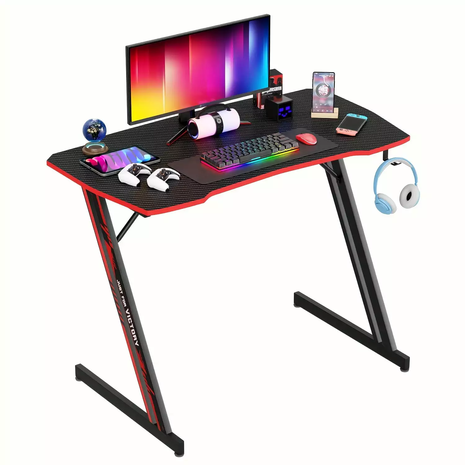 47 Inch Z Shaped Gaming Desk Large Home Office Desk Headphone Hook Ergonomic Gamer Desk Red WYGMAV