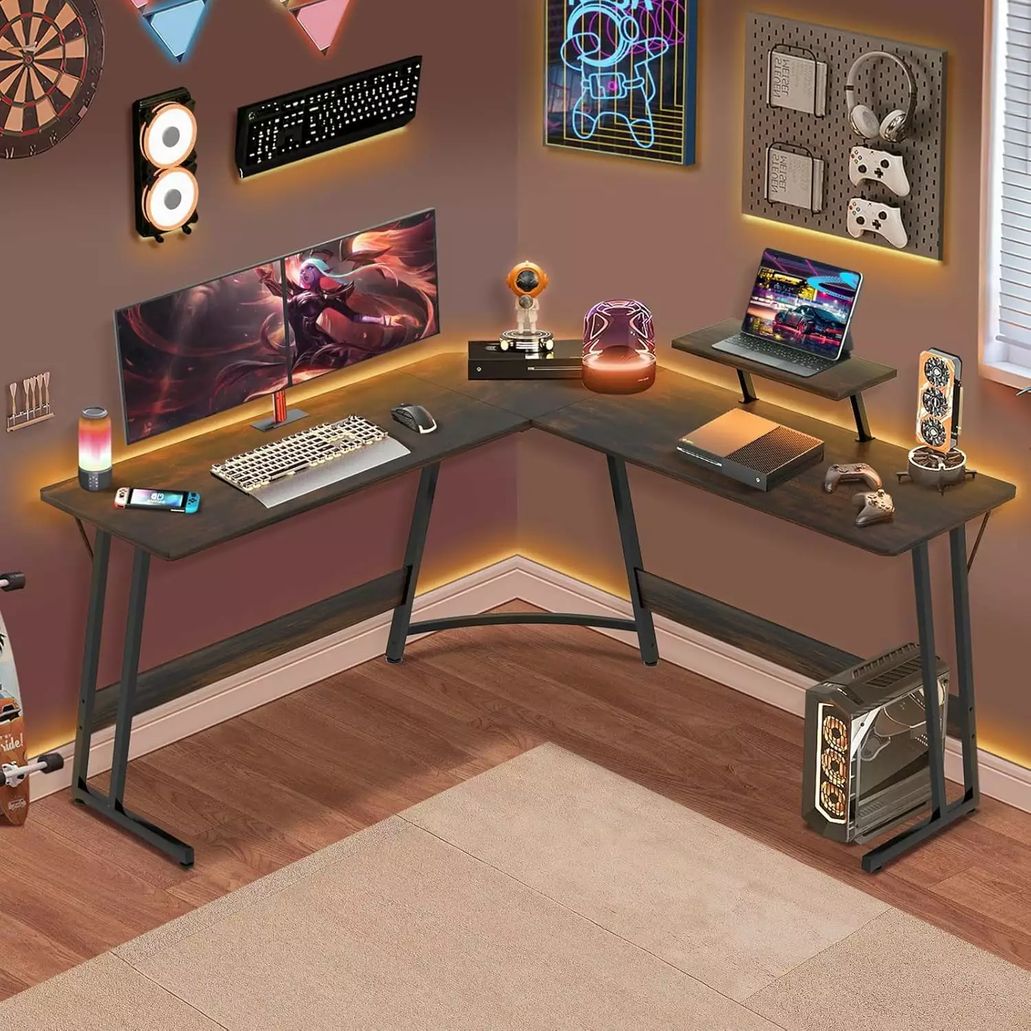 XF XINFENG 50 inch Gaming Desk L Shape Desk Corner Computer Desk Monitor Riser Stand Brown