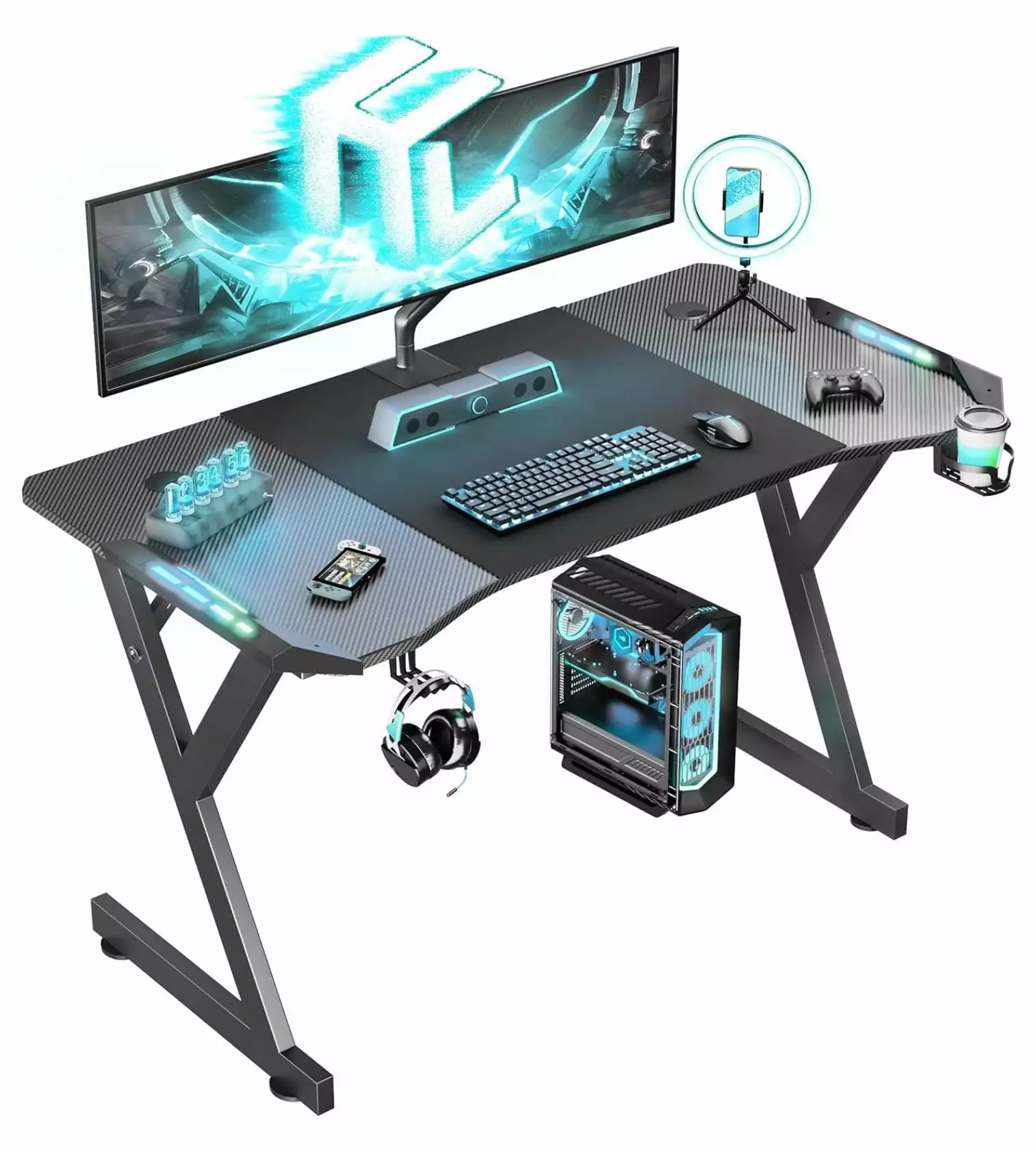 YOSITiuu 47 Inch Gaming Desk LED Lights Ergonomic Computer Table Carbon Fiber Surface PC Workstation Desk Headphone Hook C...