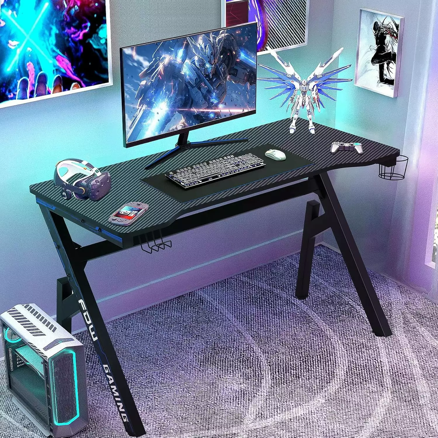 45 Gaming Desk - Blue Large Computer Desk Sturdy Metal Frame Extra Large Gaming Table Headphone Hook Carbon Fiber ZJ