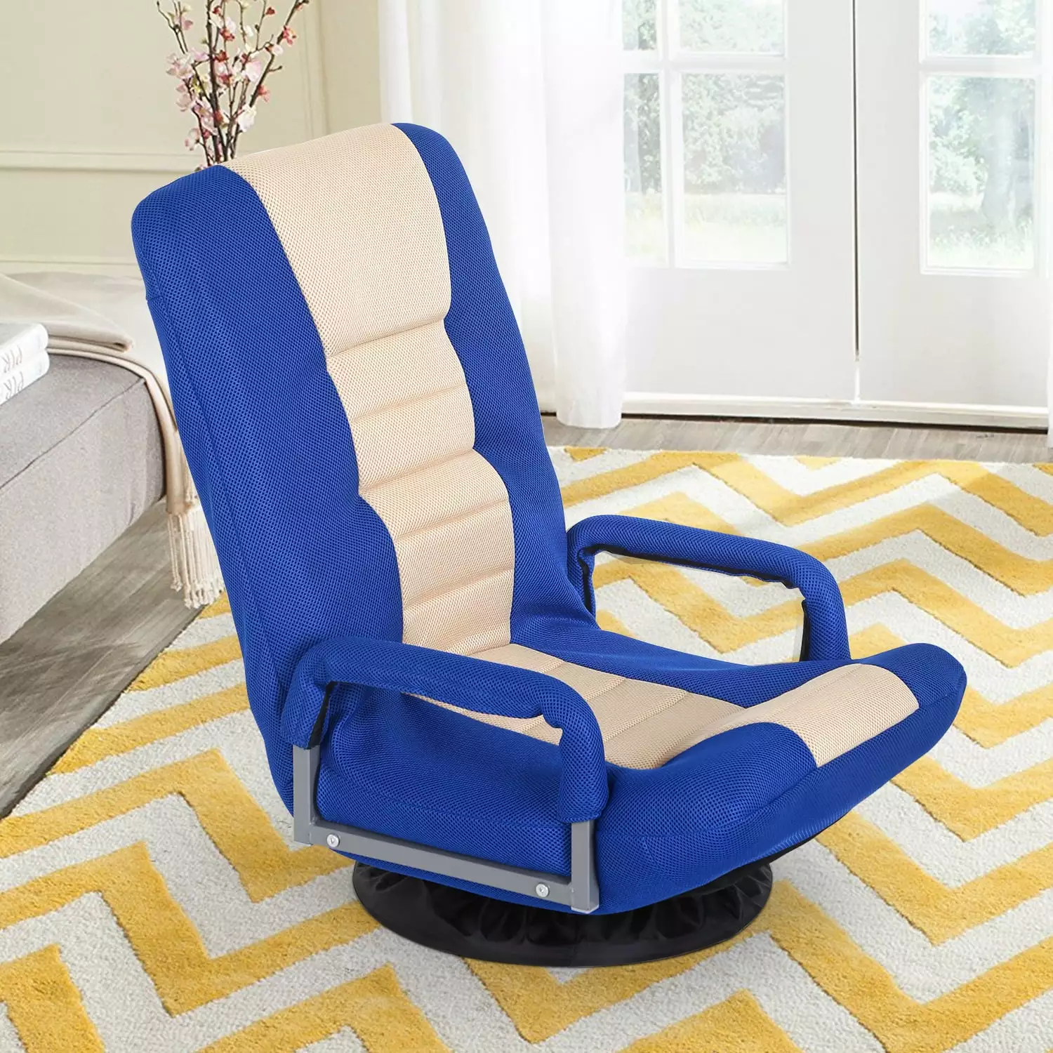 Dkelincs 360-Degree Swivel Gaming Floor Chair Armrest Adjustable Backrest Foldable Lazy Sofa Blue