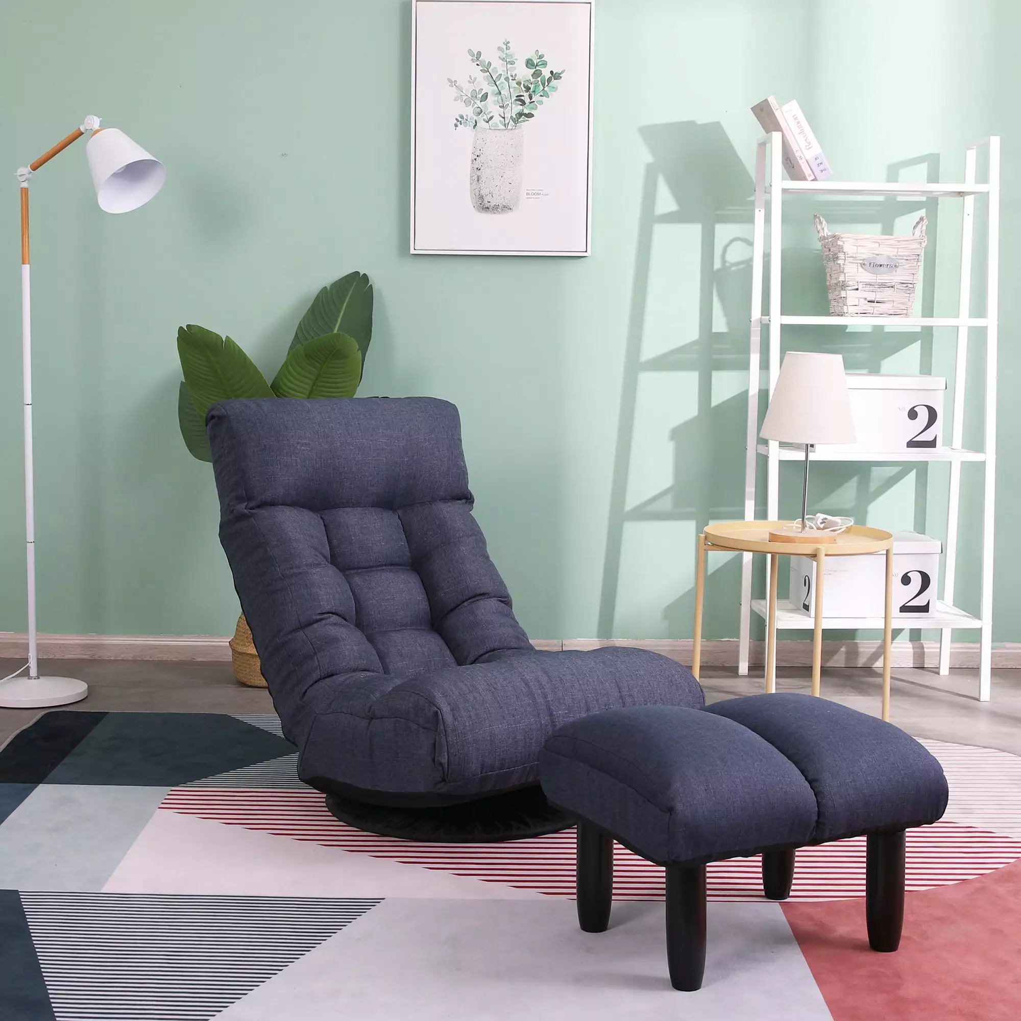 KOFUN Folding Floor Chair Ottoman Home Office 360-Degree Swivel Leisure Sofa High Back Folding Floor Gaming Chair Footstoo...