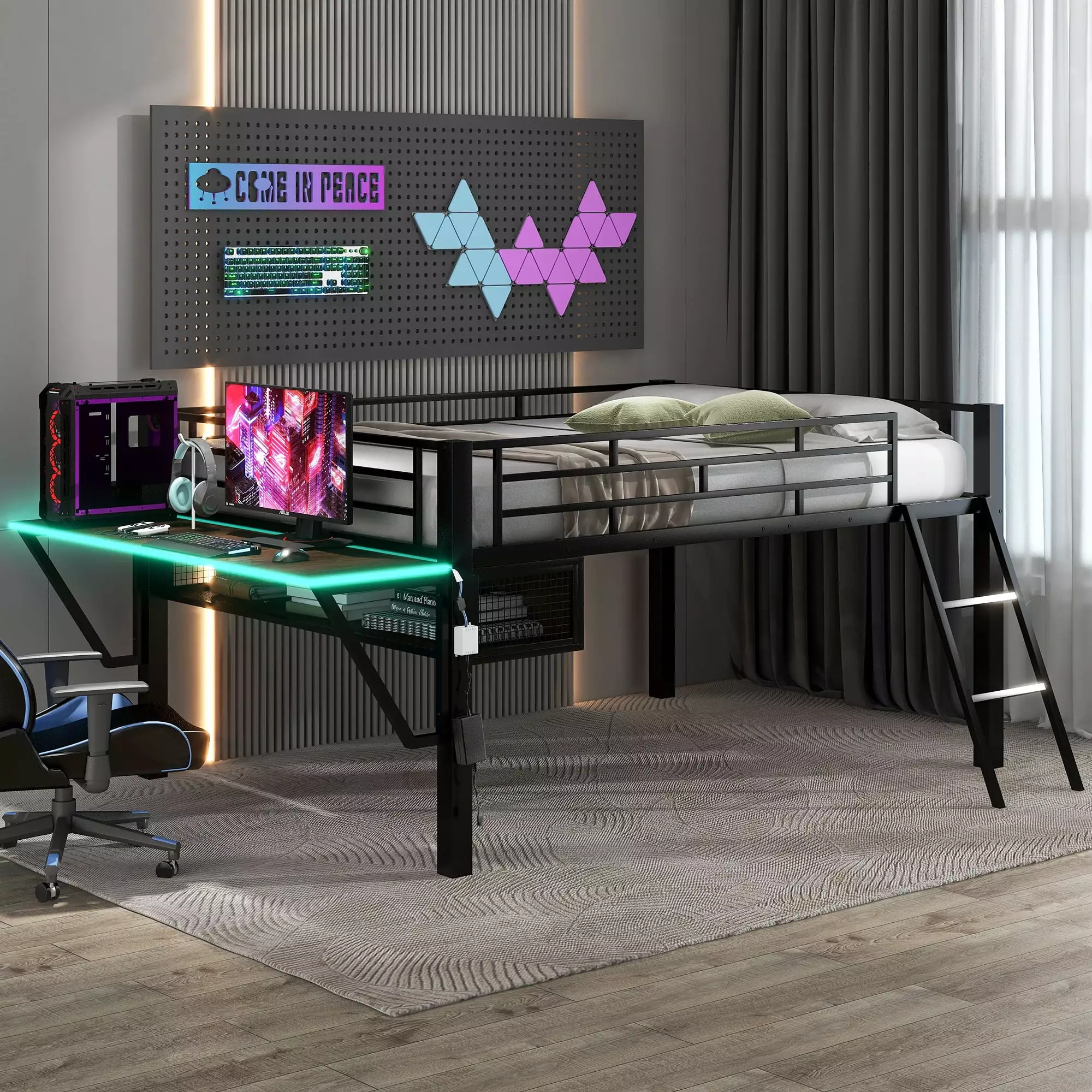 EUROCO Metal Gaming Loft Bed Desk and LED Light Kids Teen Adults