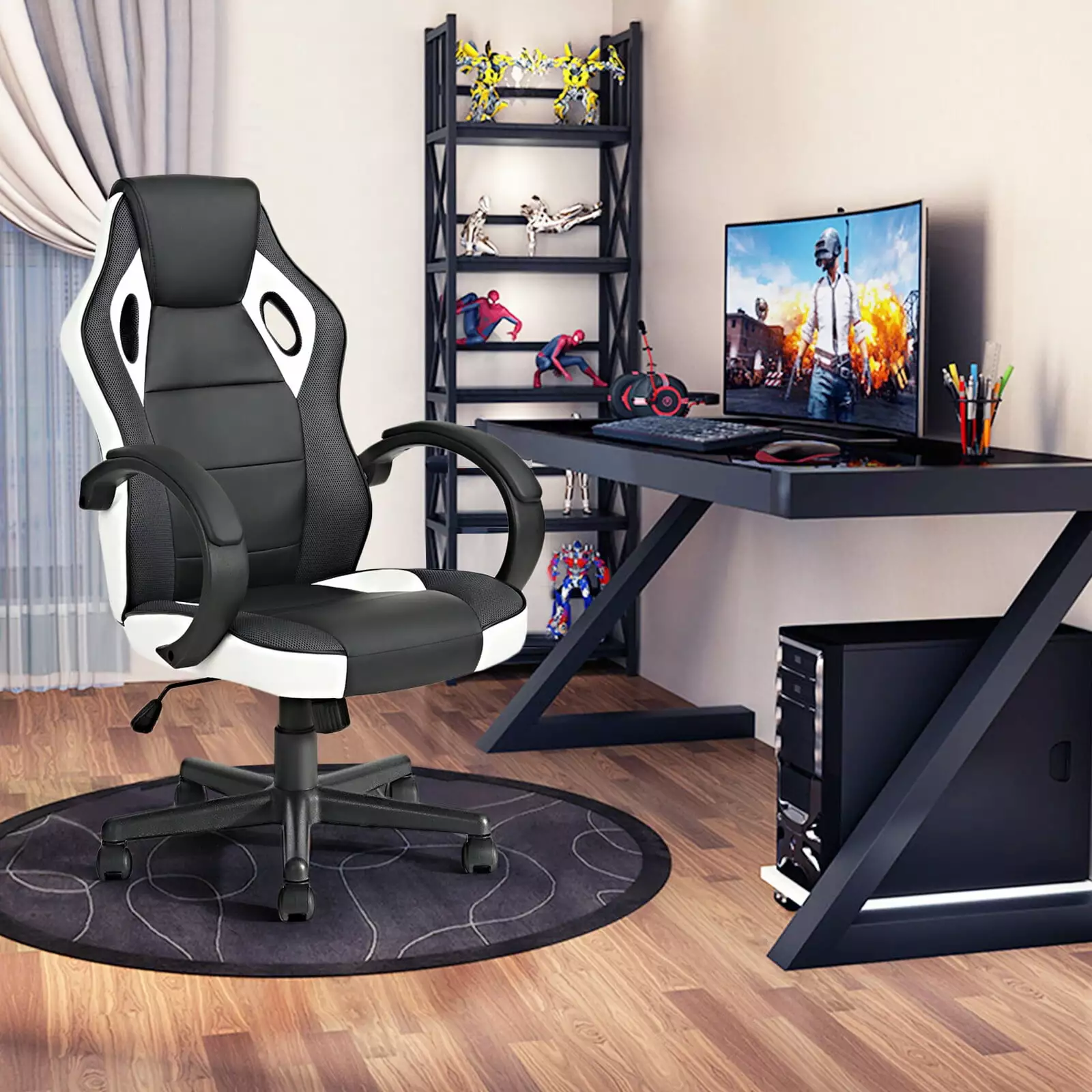 WTGEGF Gaming Office Chair Black White Fabric Adjustable Swivel Armrest Comfortable Seat